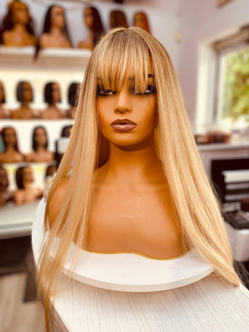 Blonde Straight Dark Roots With Bangs Synthetic Wig - LC1063