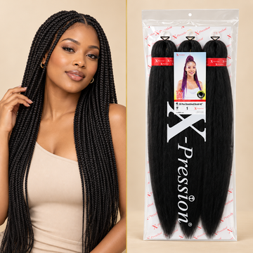 Woman with long box braids next to the 3X Pre-Stretched Braid 40 inch X-Pression pack from Mary Queen Trade.