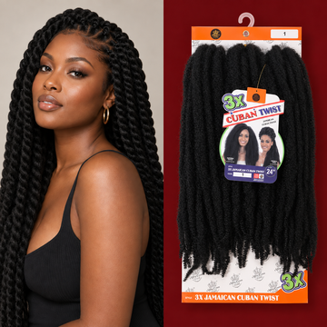 Woman wearing Jamaican Cuban twist protective style next to the 3X Jamaican Cuban Twist pack from Mary Queen Trade.