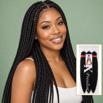 Woman with long box braids next to authentic braiding hair from Mary Queen Trade, shipped across Canada