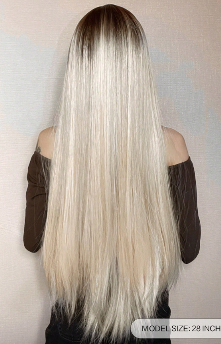 Blonde Straight Dark Roots With Bangs Synthetic Wig