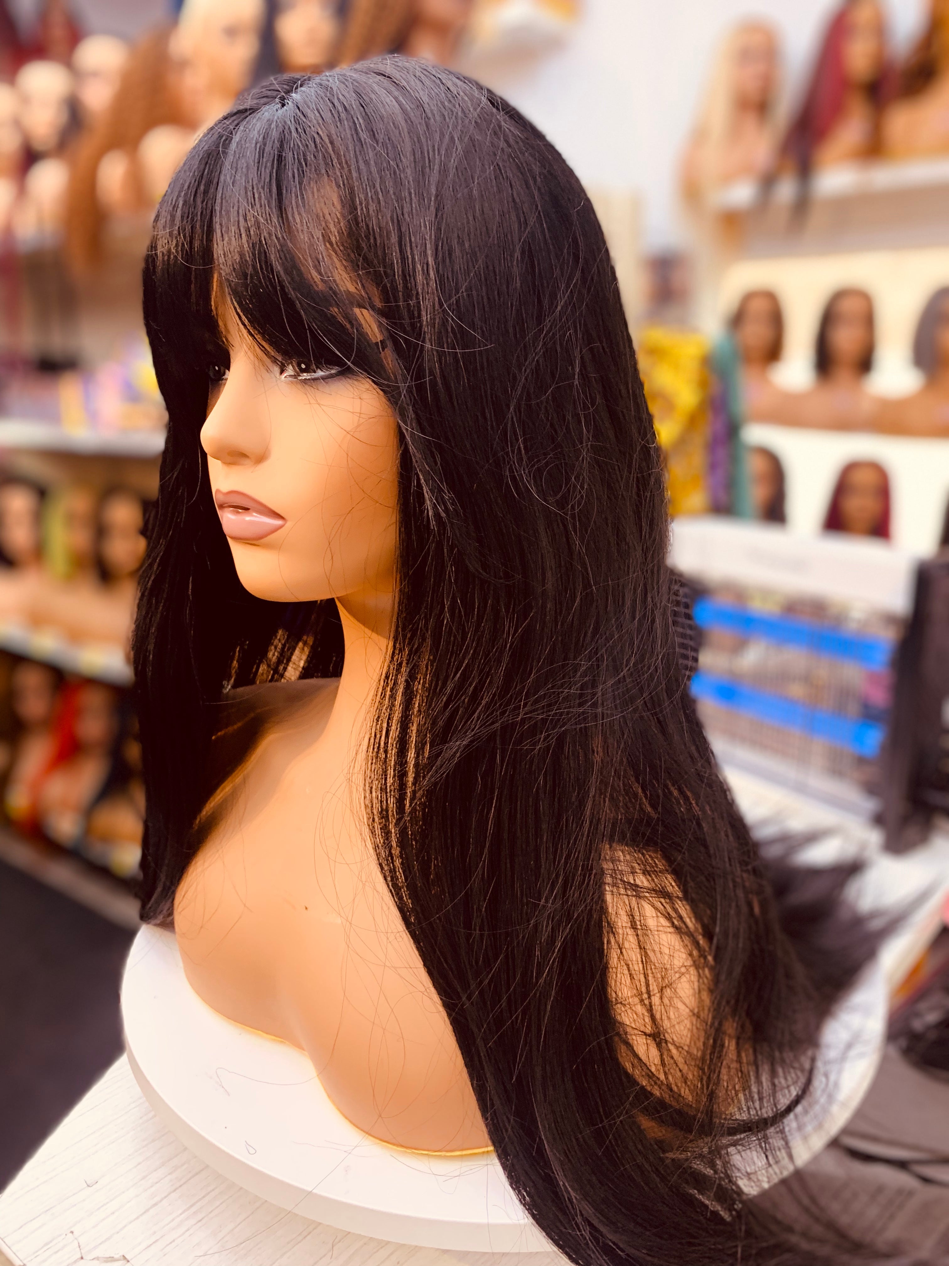 Long Straight Black Heat Resistant Synthetic Wigs with Bangs - LC8019-2