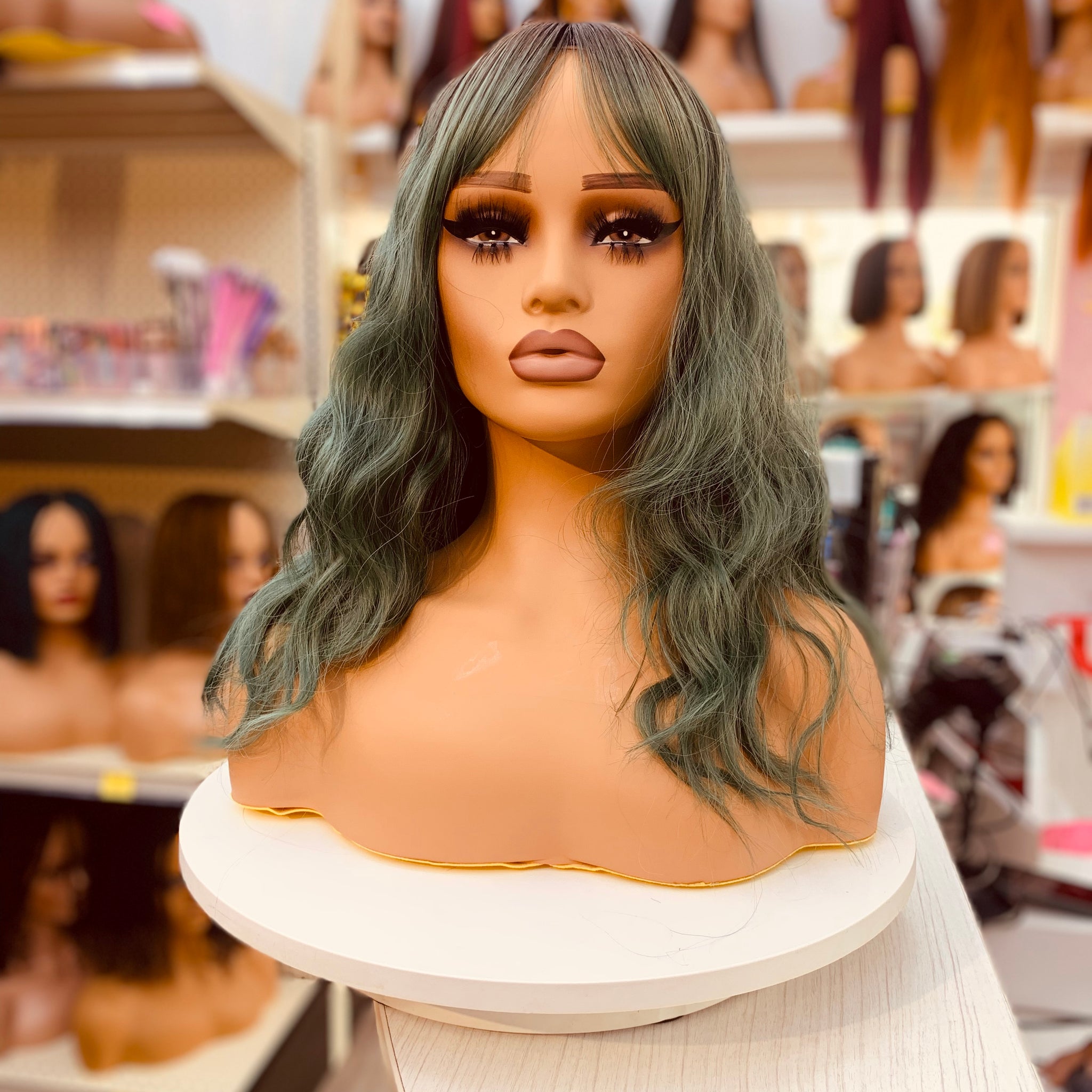Halloween Green Mid-Wavy Synthetic Wig with Bangs - MW8262-7