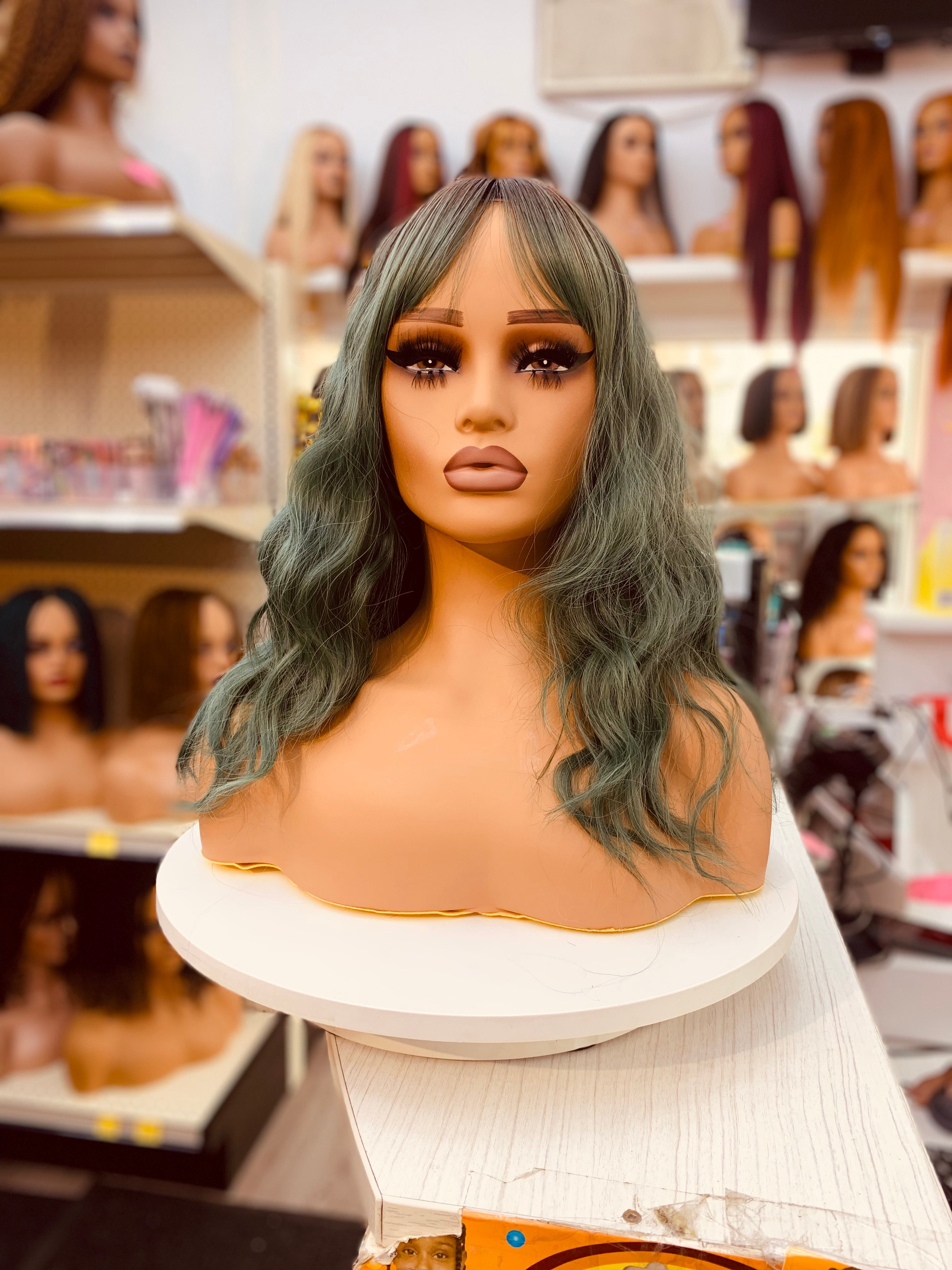 Halloween Green Mid-Wavy Synthetic Wig with Bangs - MW8262-7