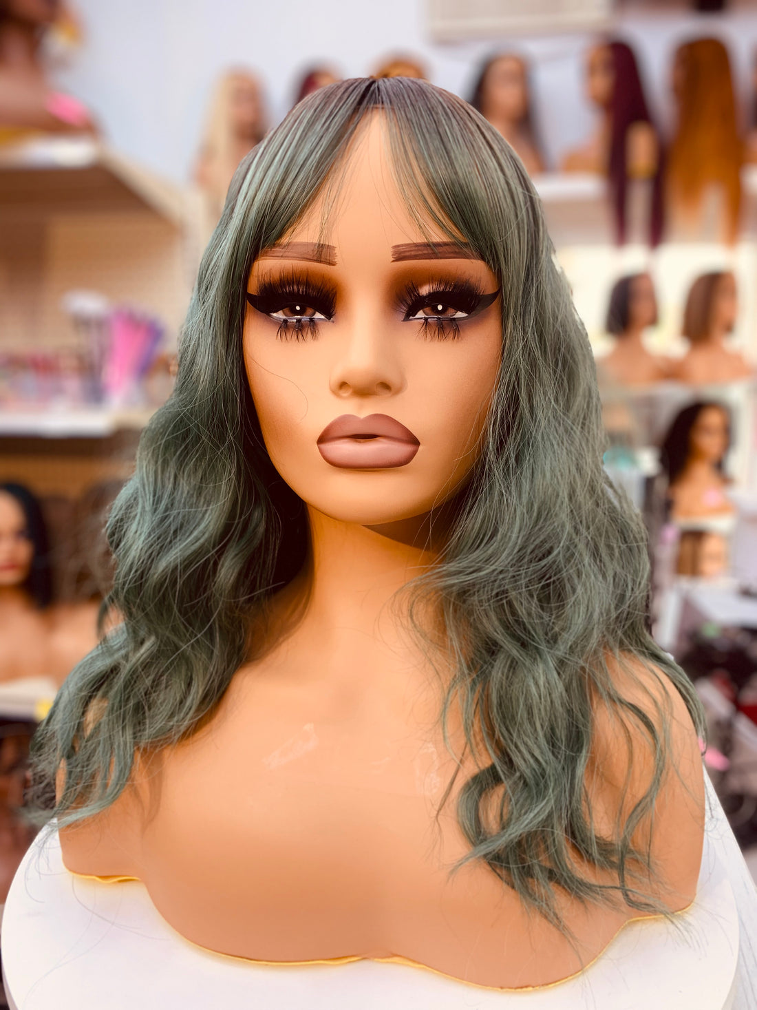Halloween Green Mid-Wavy Synthetic Wig with Bangs - MW8262-7