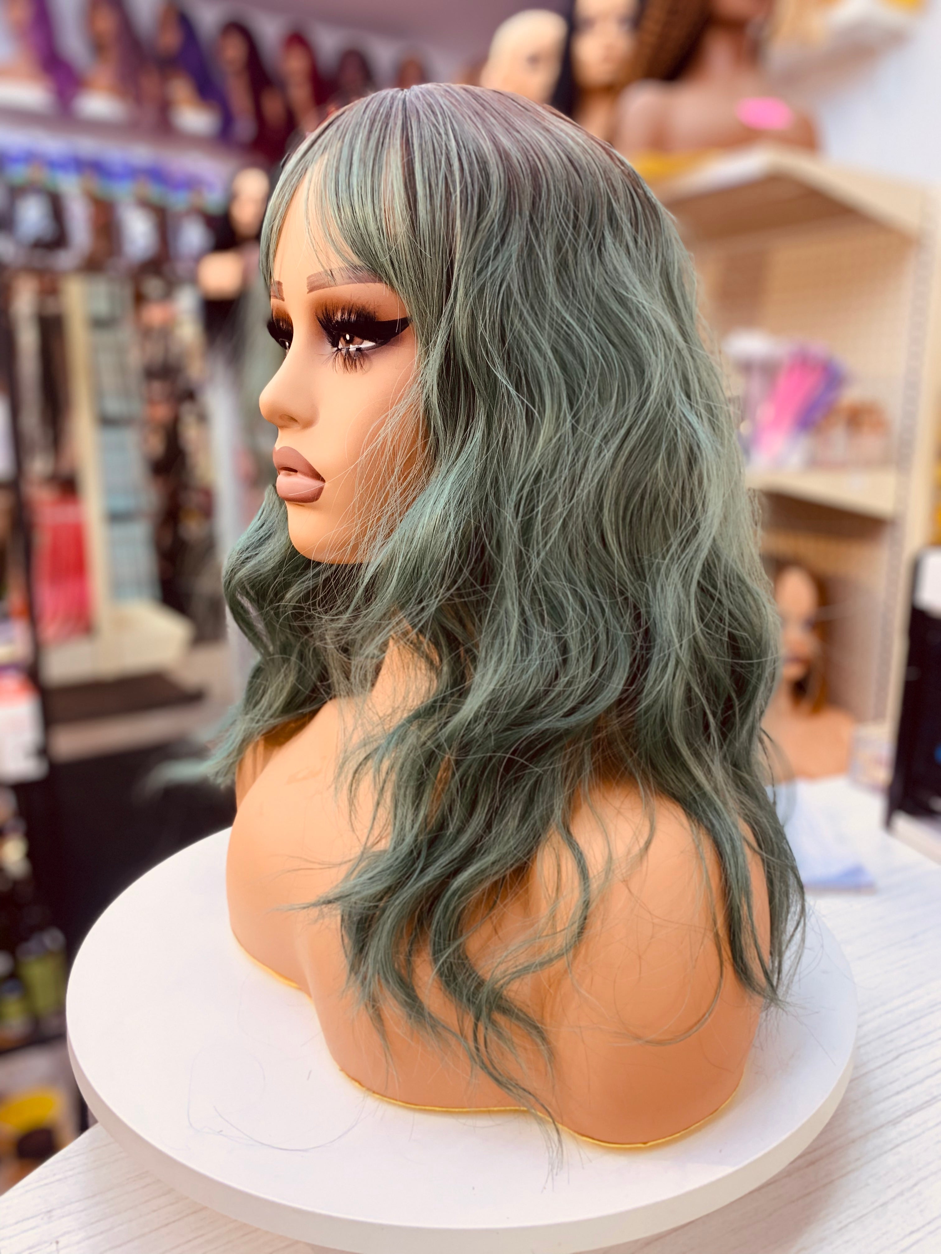 Halloween Green Mid-Wavy Synthetic Wig with Bangs - MW8262-7