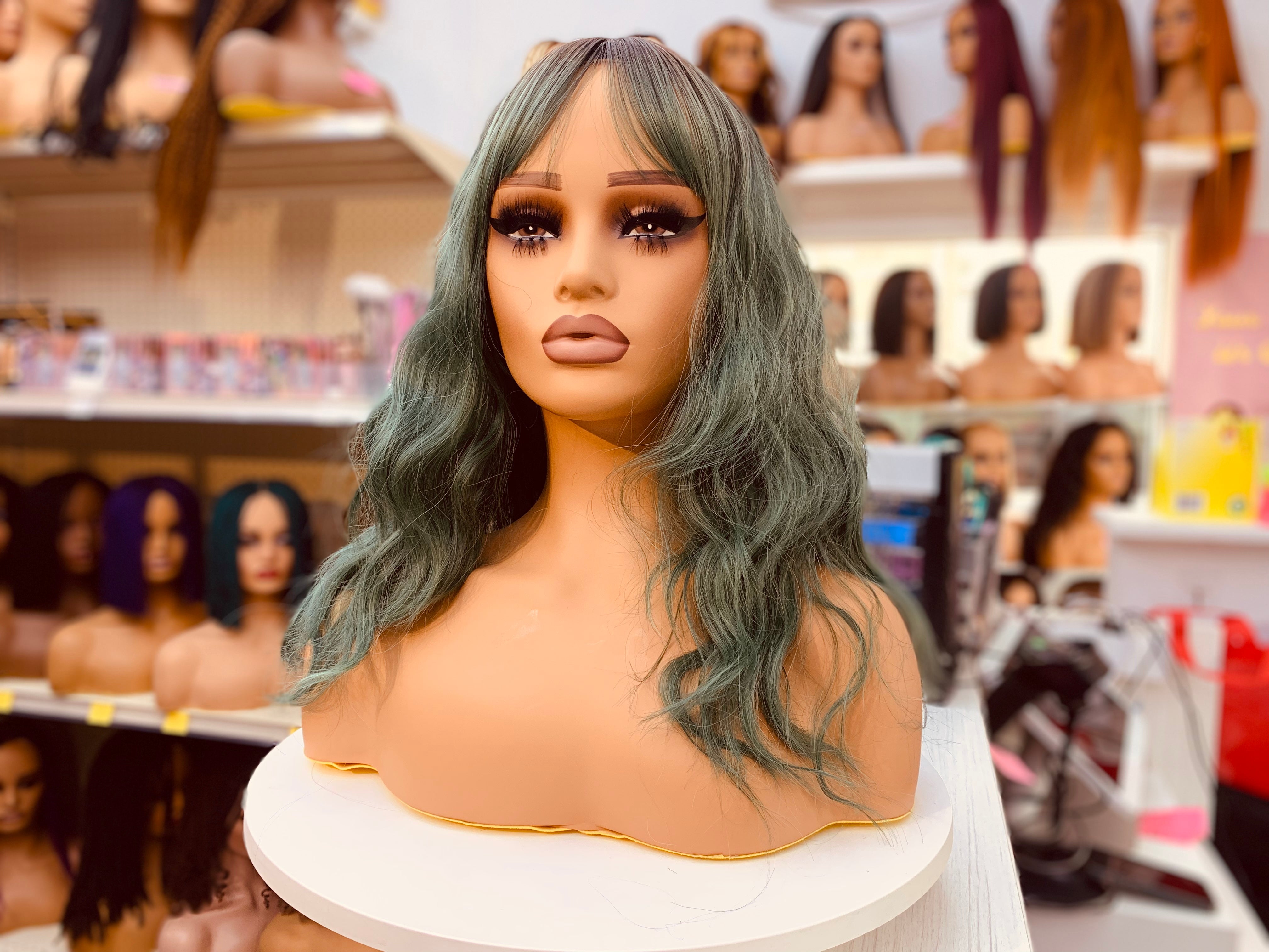 Halloween Green Mid-Wavy Synthetic Wig with Bangs - MW8262-7