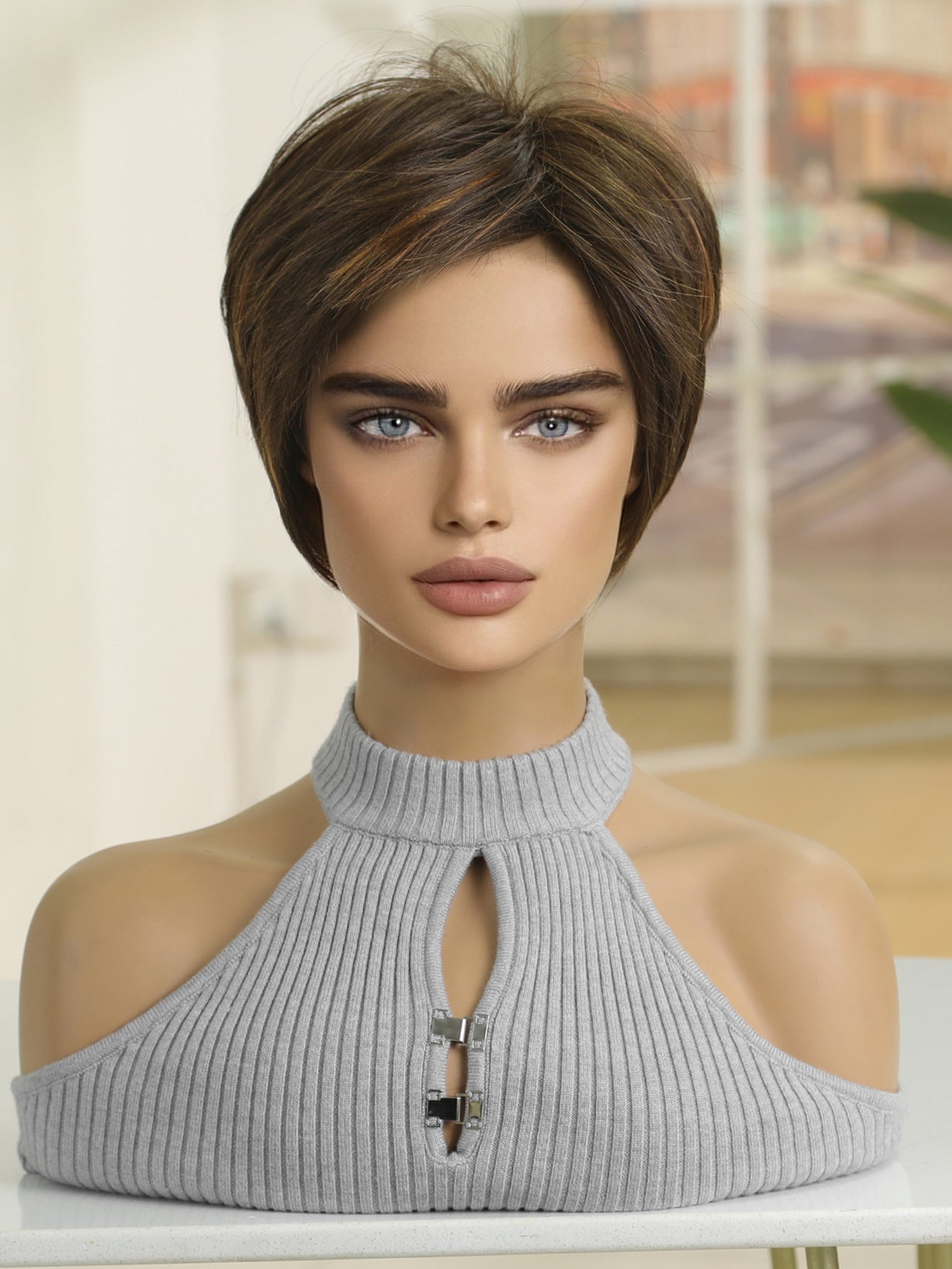 Natural Black Side Parting Pixie Cut With Brown Highlight Synthetic Wig LC2020-4
