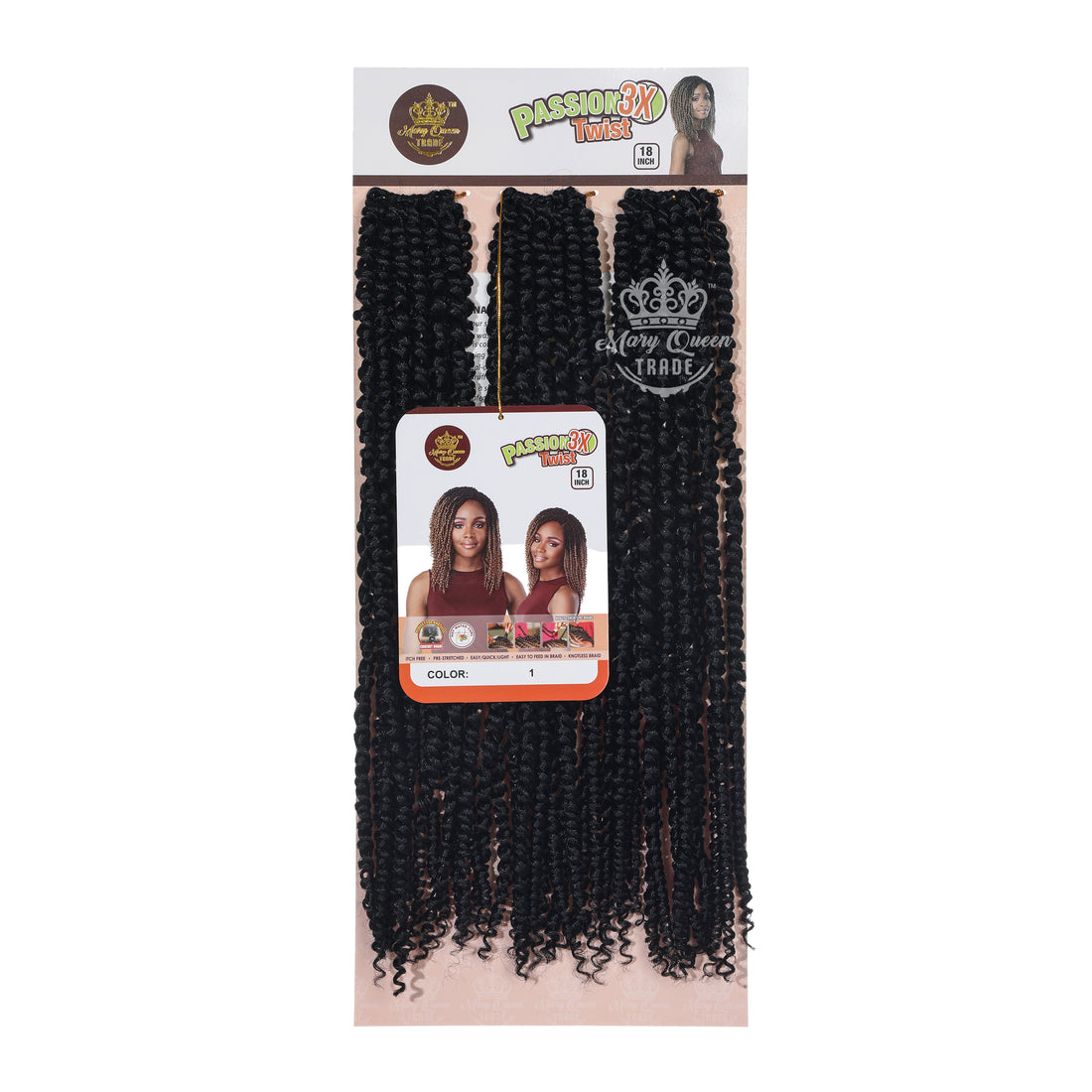 Packaged hair extensions with 'Mary Queen' branding on a white background