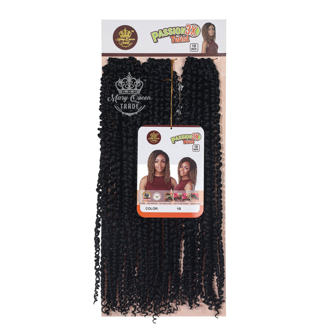 Packaged hair extensions with 'Mary Queen' branding on a white background