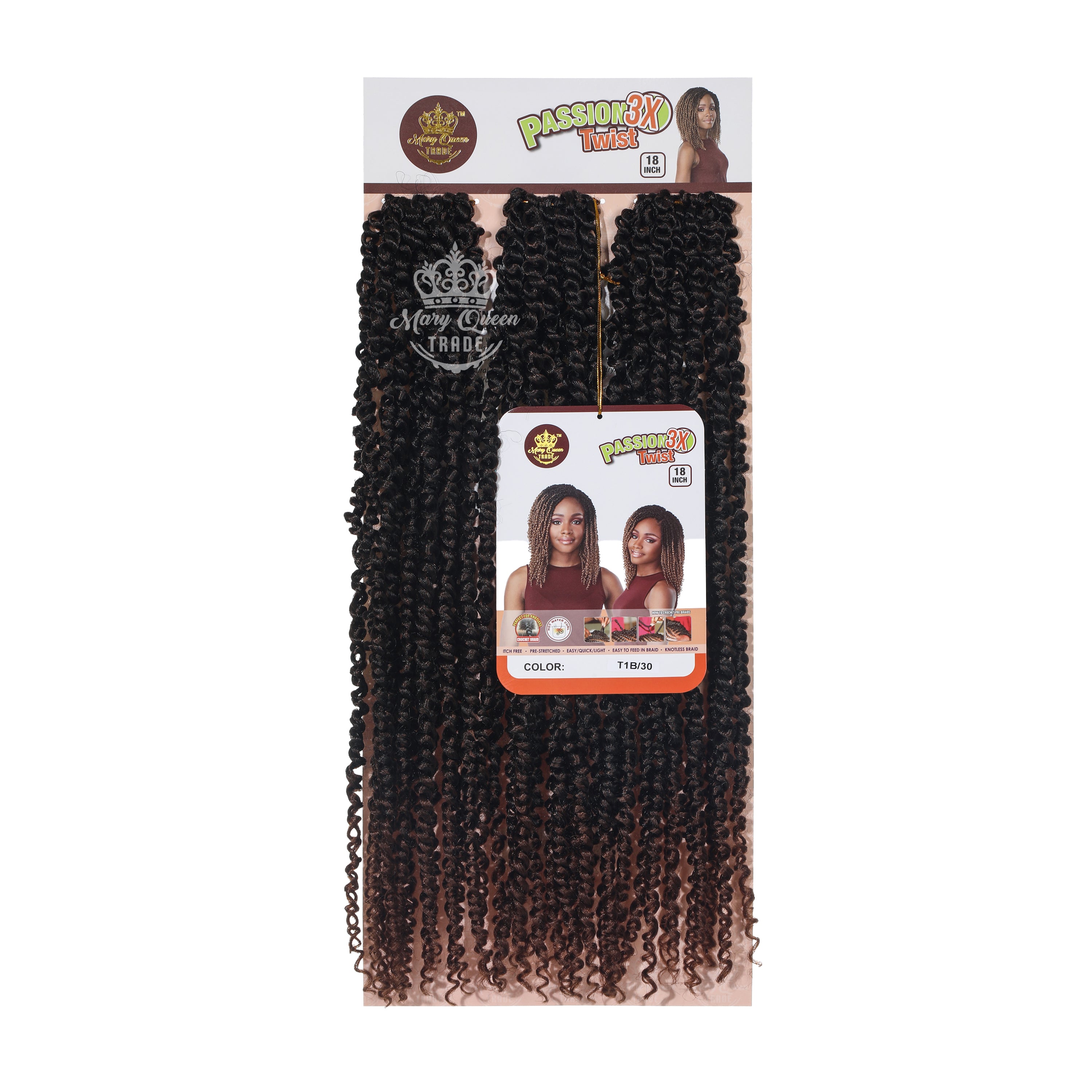 Packaged hair extensions with 'Mary Queen' branding on a white background