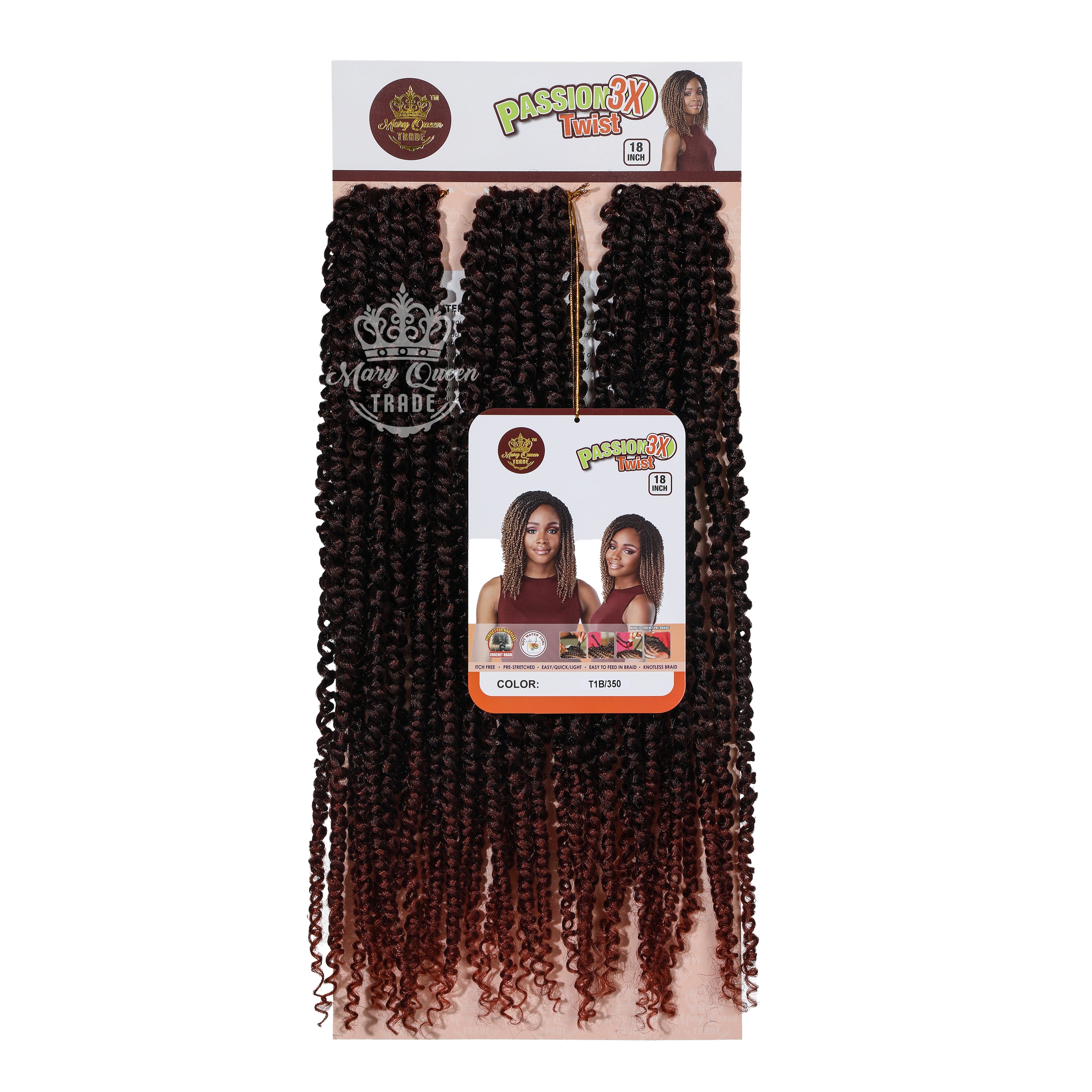 Packaged hair extensions with 'Mary Queen' branding on a white background