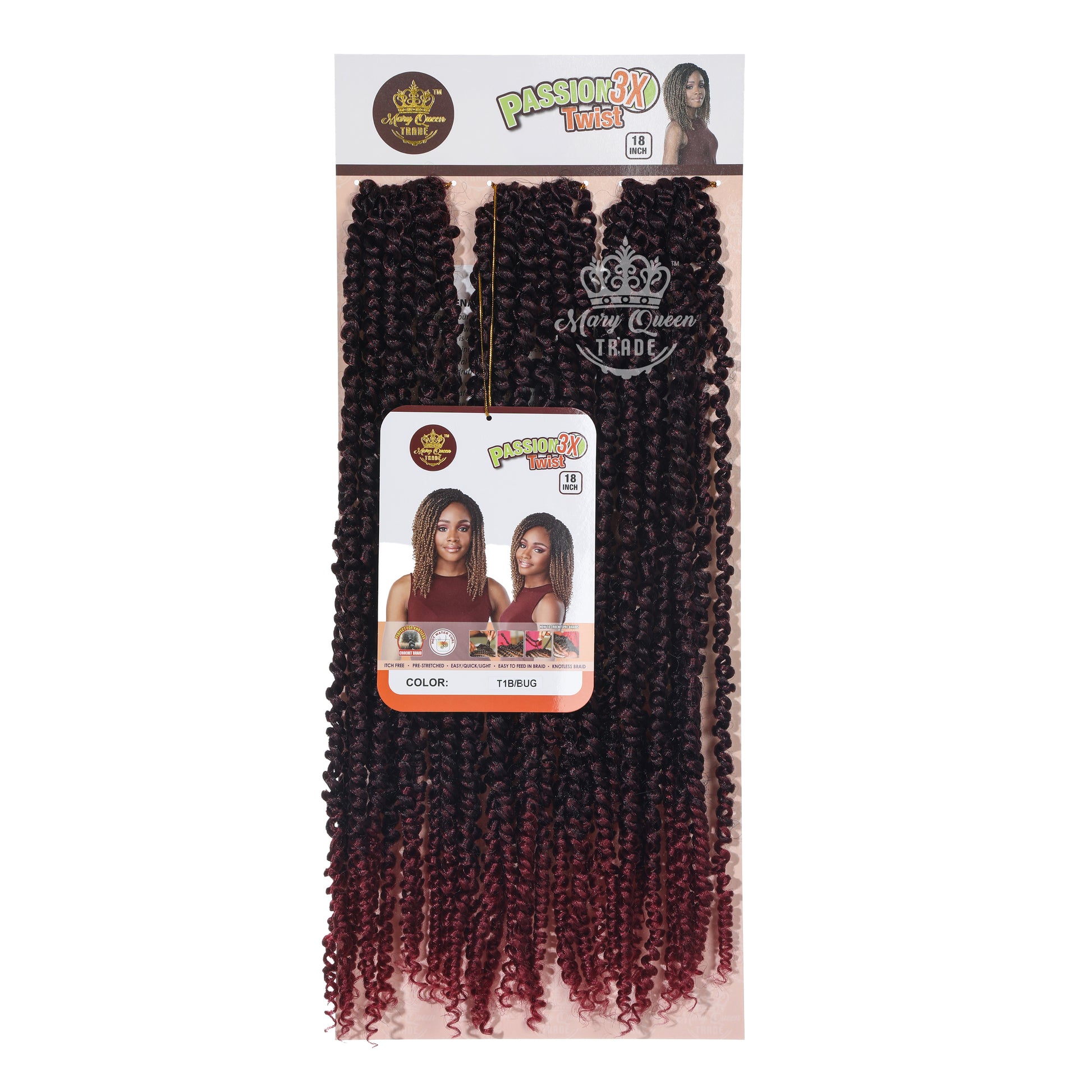 Packaged hair extensions with 'Mary Queen' branding on a white background