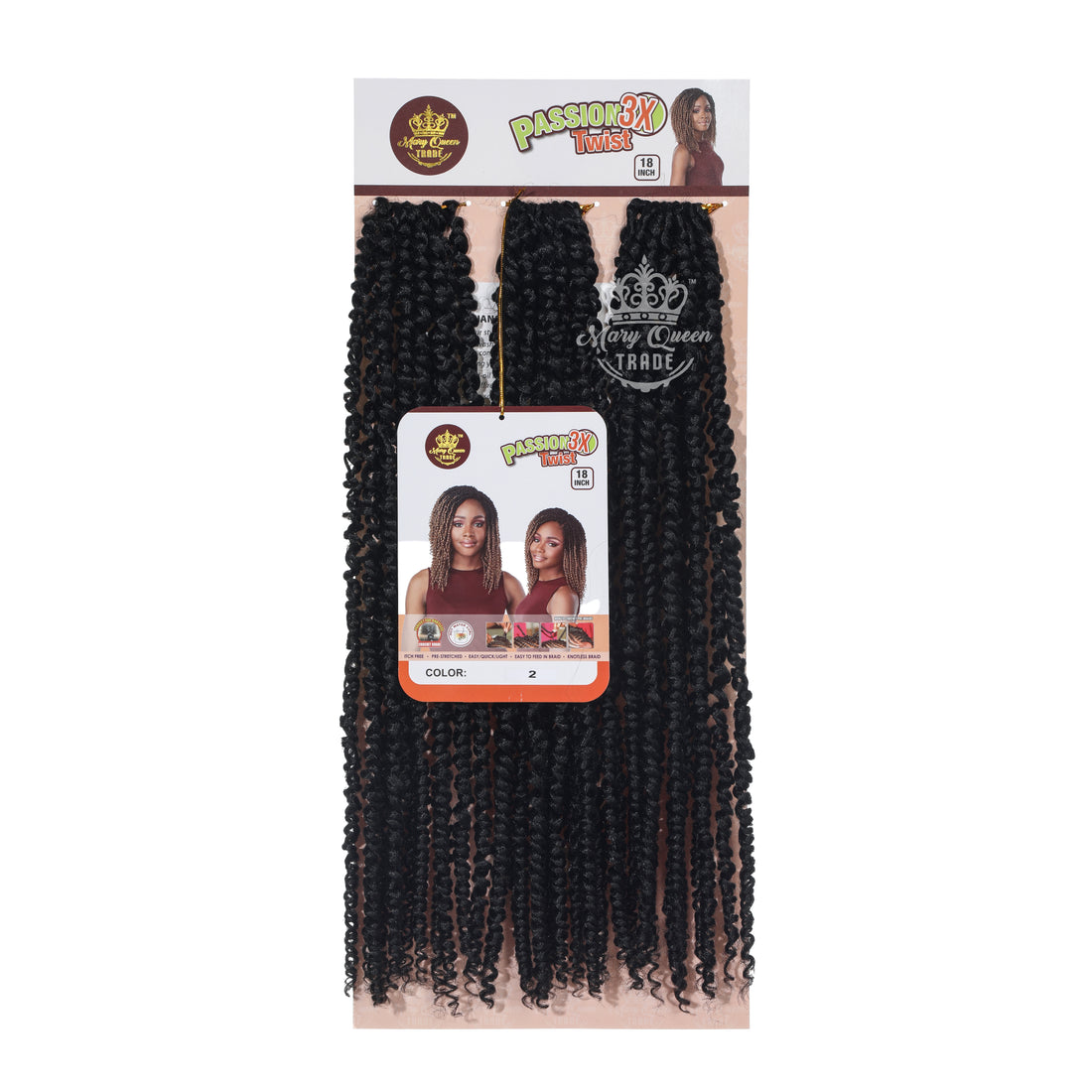 Packaged hair extensions with 'Mary Queen' branding on a white background