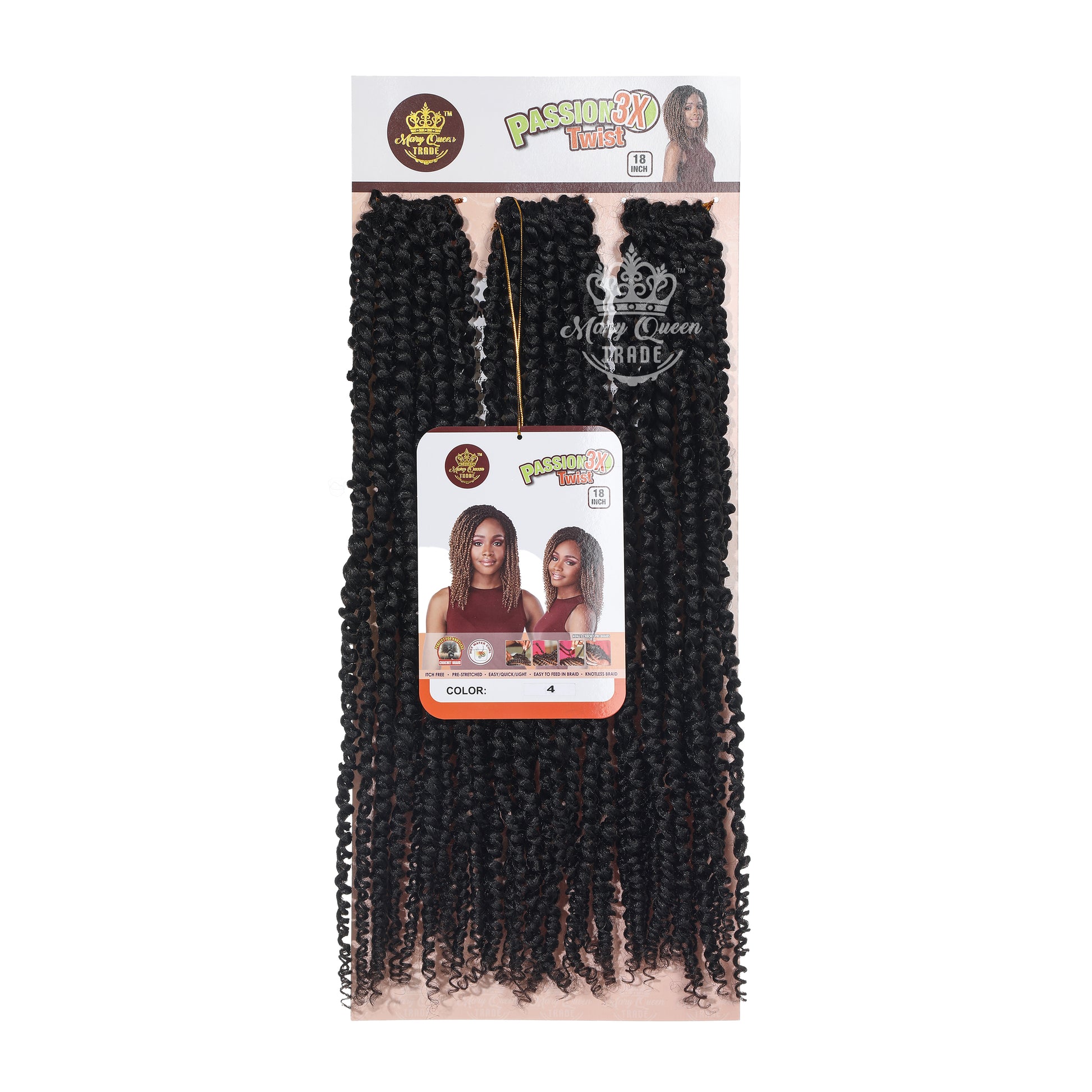 Packaged hair extensions with 'Mary Queen' branding on a white background