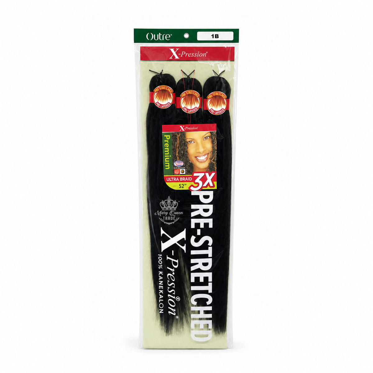 Outre X-Pression 3X Pre-Stretched Ultra Braid, 52 inches, colour 1B, original packaging with Mary Queen Trade watermark.