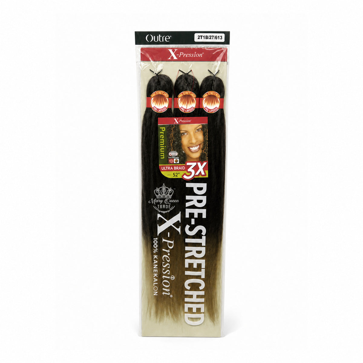 Outre X-Pression 3X Pre-Stretched Ultra Braid, 52 inches, colour 2T1B/27/613, original packaging with Mary Queen Trade watermark.