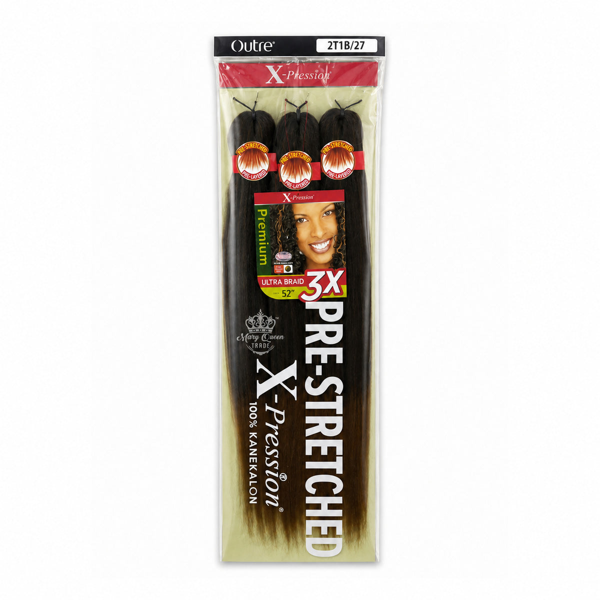 Outre X-Pression 3X Pre-Stretched Ultra Braid, 52 inches, colour 2T1B/27, original packaging with Mary Queen Trade watermark.