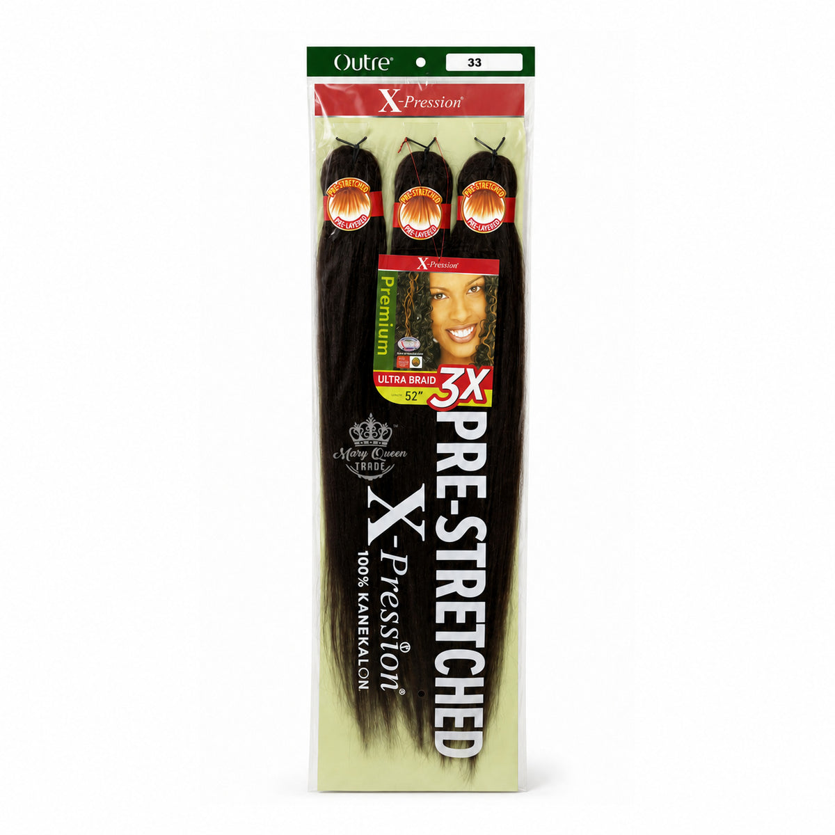 Outre X-Pression 3X Pre-Stretched Ultra Braid, 52 inches, colour 33, original packaging with Mary Queen Trade watermark.