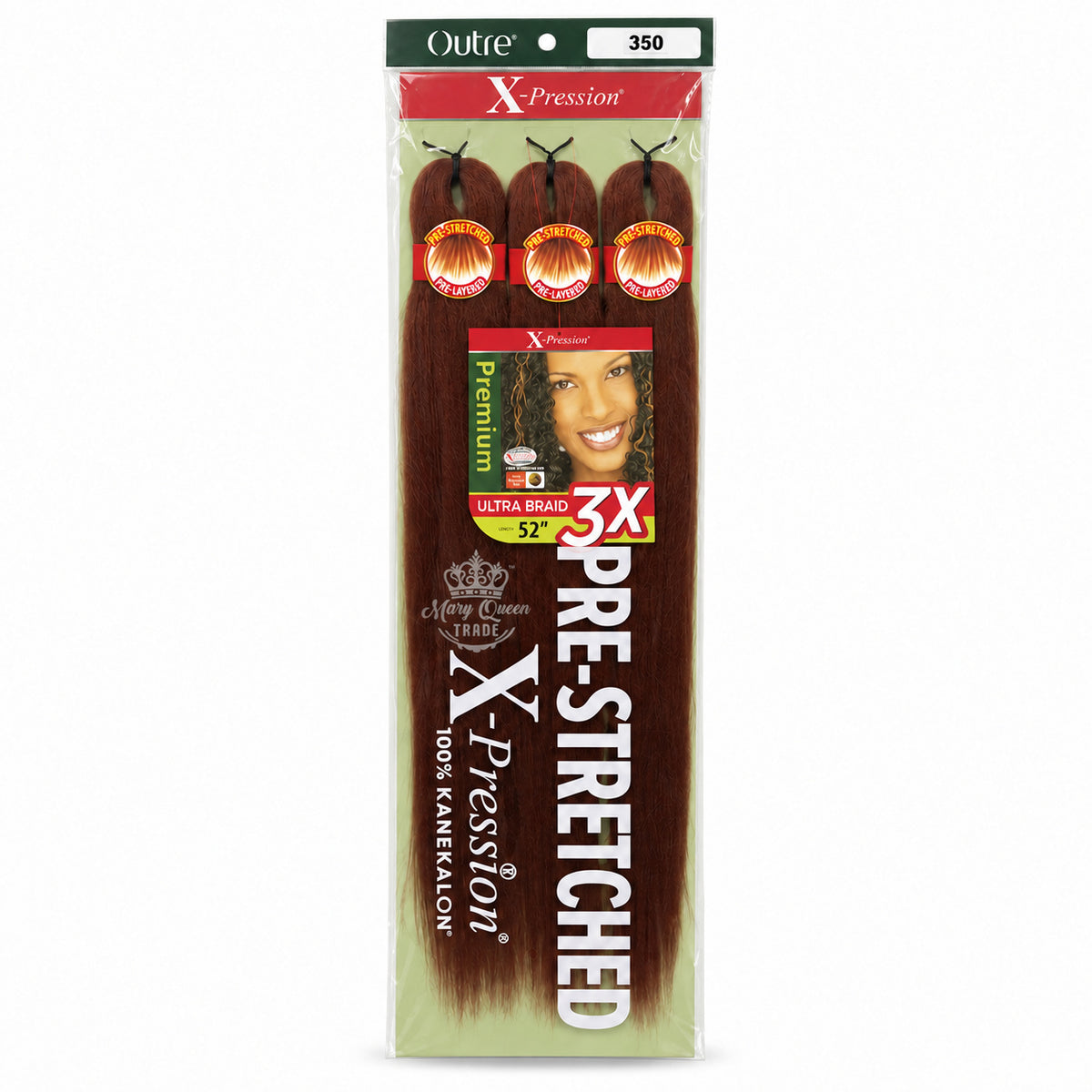 Outre X-Pression 3X Pre-Stretched Ultra Braid, 52 inches, colour 350, original packaging with Mary Queen Trade watermark.
