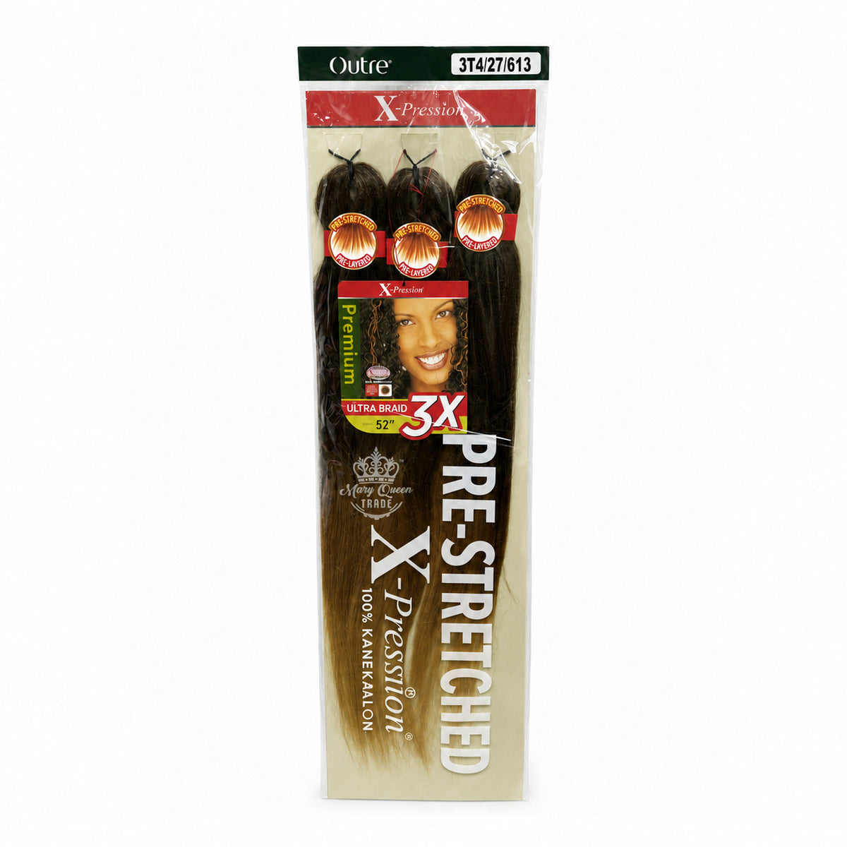 Outre X-Pression 3X Pre-Stretched Ultra Braid, 52 inches, colour 3T4/27/613, original packaging with Mary Queen Trade watermark.