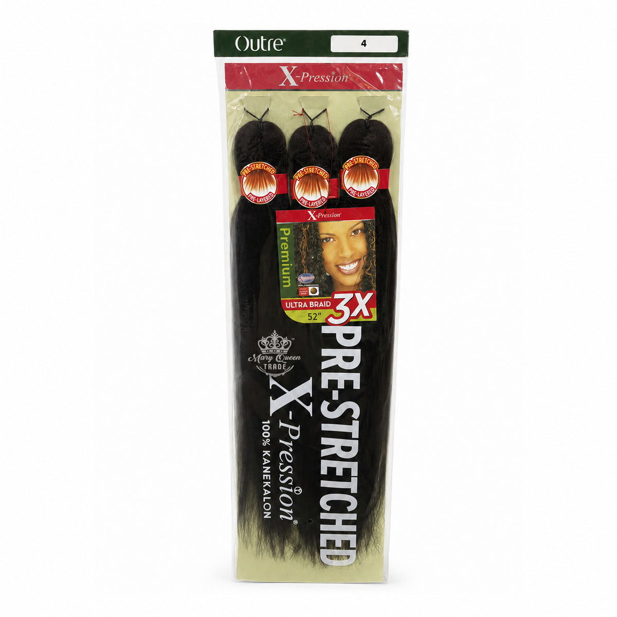 Outre X-Pression 3X Pre-Stretched Ultra Braid, 52 inches, colour 4, original packaging with Mary Queen Trade watermark.