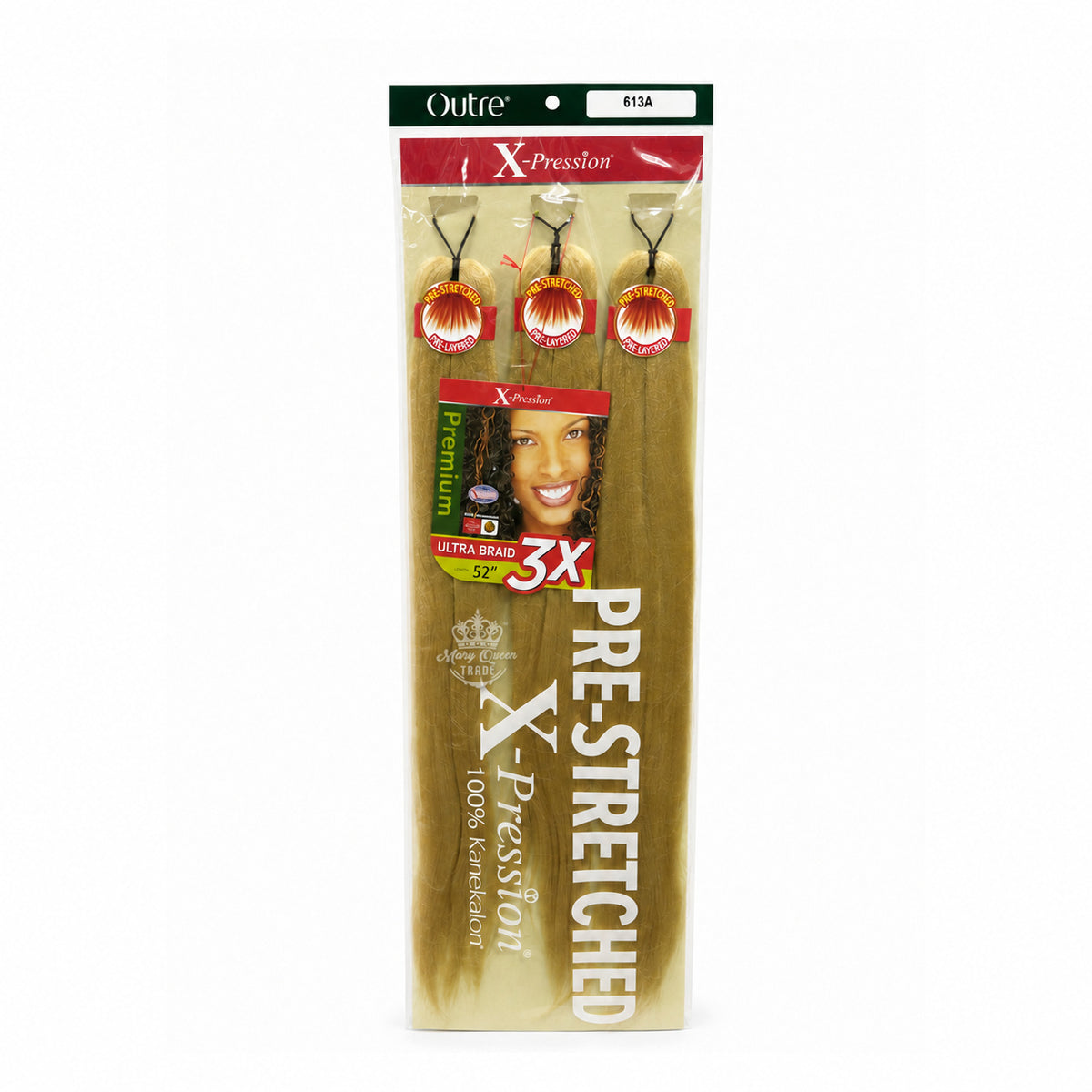 Outre X-Pression 3X Pre-Stretched Ultra Braid, 52 inches, colour 613A, original packaging with Mary Queen Trade watermark.