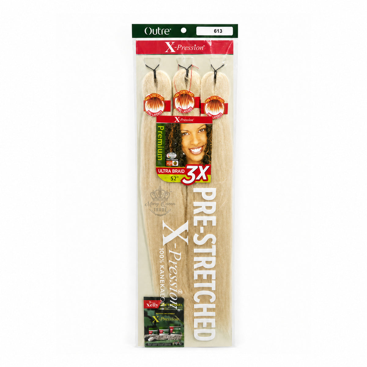 Outre X-Pression 3X Pre-Stretched Ultra Braid, 52 inches, colour 613, original packaging with Mary Queen Trade watermark.