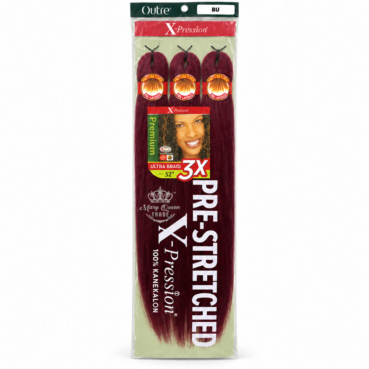 Outre X-Pression 3X Pre-Stretched Ultra Braid, 52 inches, colour BU, original packaging with Mary Queen Trade watermark.