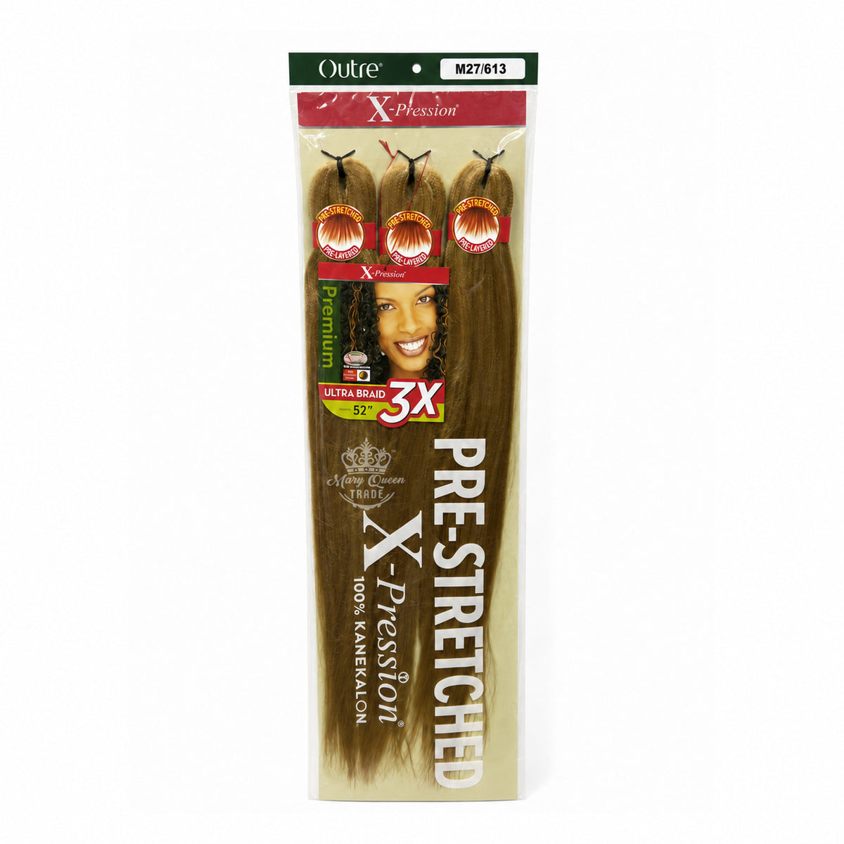 Outre X-Pression 3X Pre-Stretched Ultra Braid, 52 inches, colour M27/613, original packaging with Mary Queen Trade watermark.