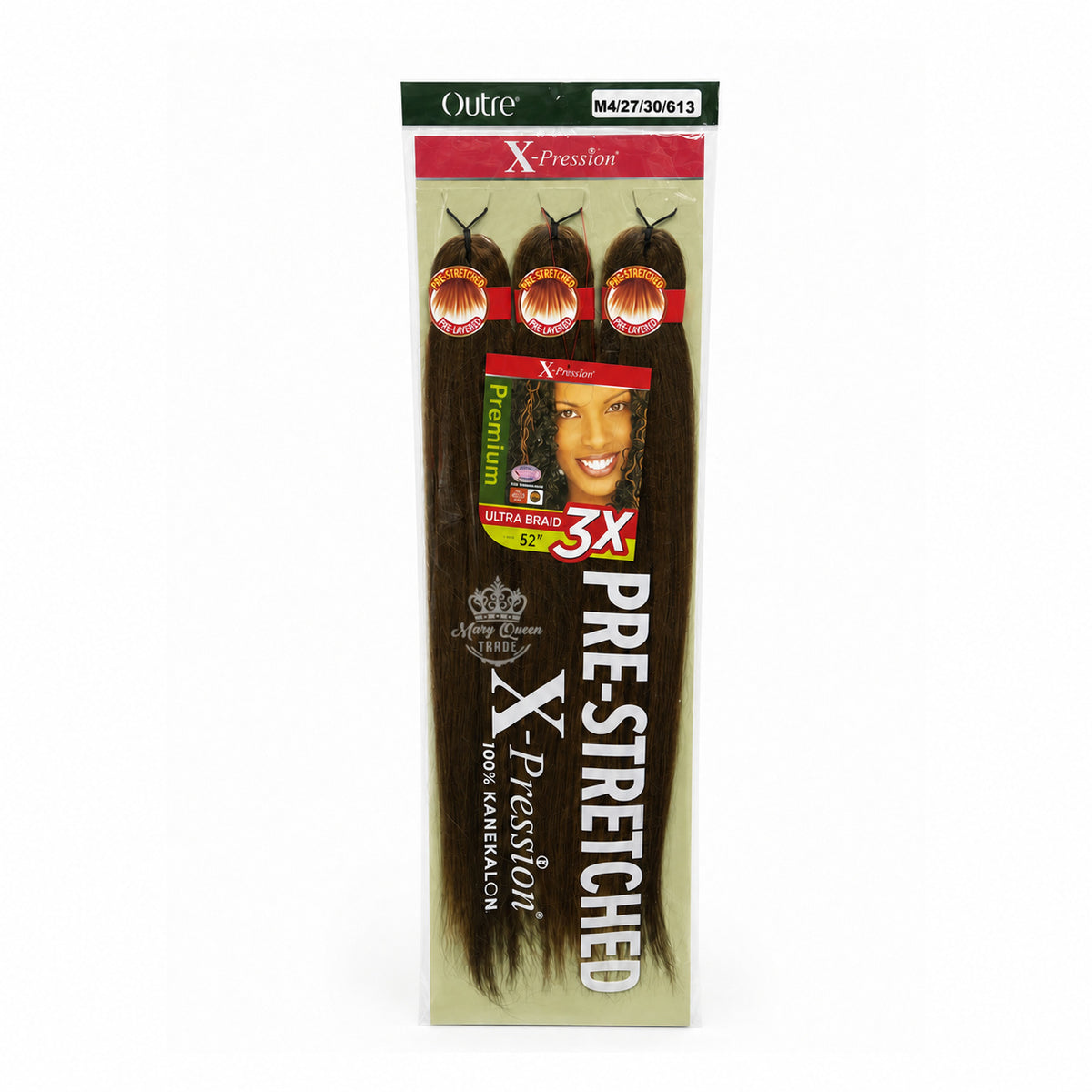 Outre X-Pression 3X Pre-Stretched Ultra Braid, 52 inches, colour M4/27/30/613, original packaging with Mary Queen Trade watermark.