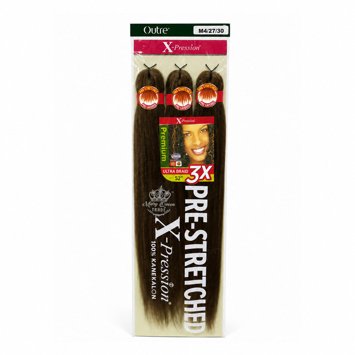 Outre X-Pression 3X Pre-Stretched Ultra Braid, 52 inches, colour M4/27/30, original packaging with Mary Queen Trade watermark.