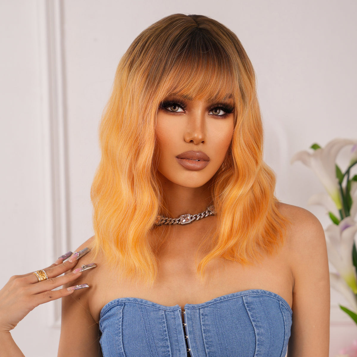 Dark Roots With Bangs Short Golden Wavy Synthetic Wig LC2013-2