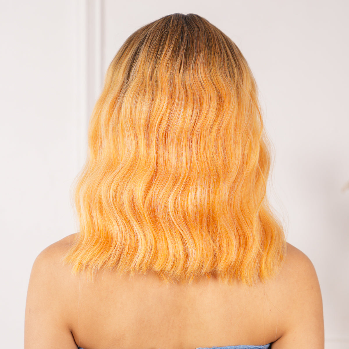 Dark Roots With Bangs Short Golden Wavy Synthetic Wig LC2013-2