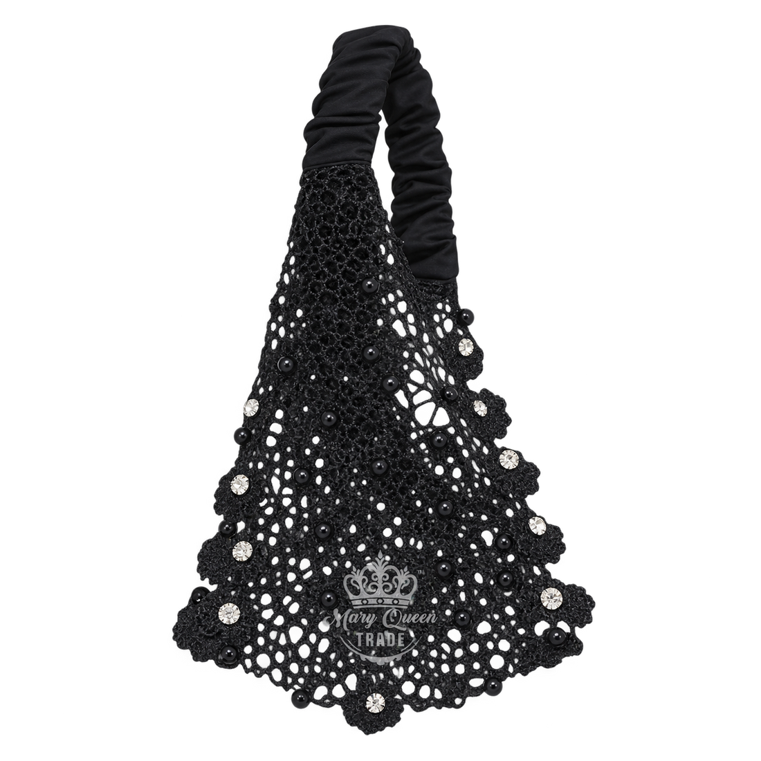 Black lace headband with scalloped edges, beads and sparkling round embellishments, with Mary Queen Trade watermark.