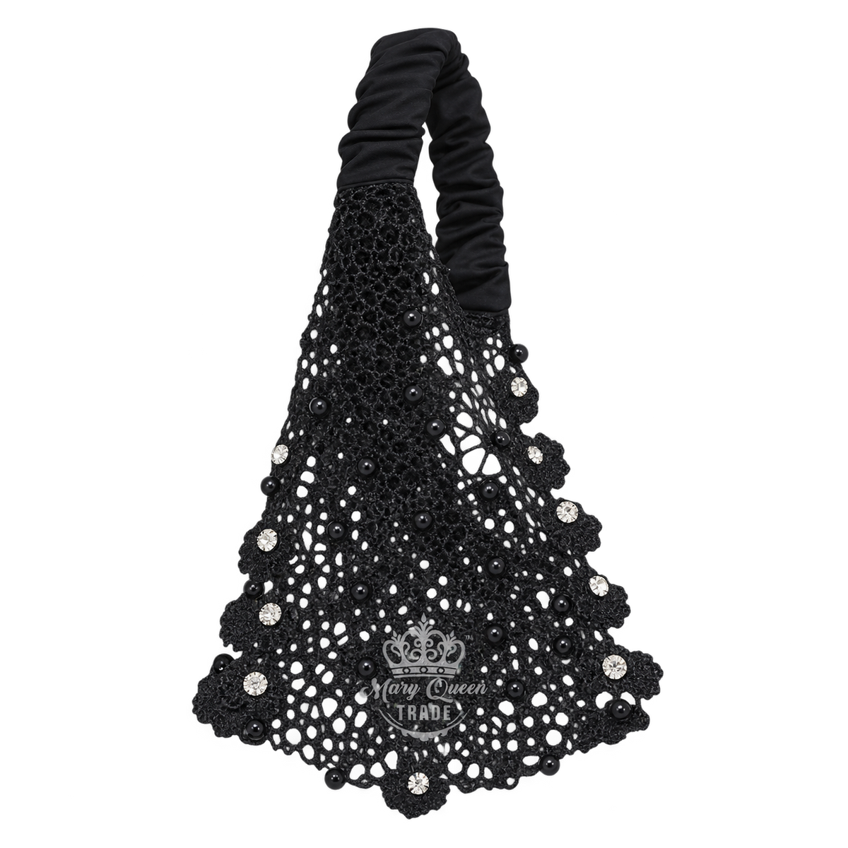 Black lace headband with scalloped edges, beads and sparkling round embellishments, with Mary Queen Trade watermark.