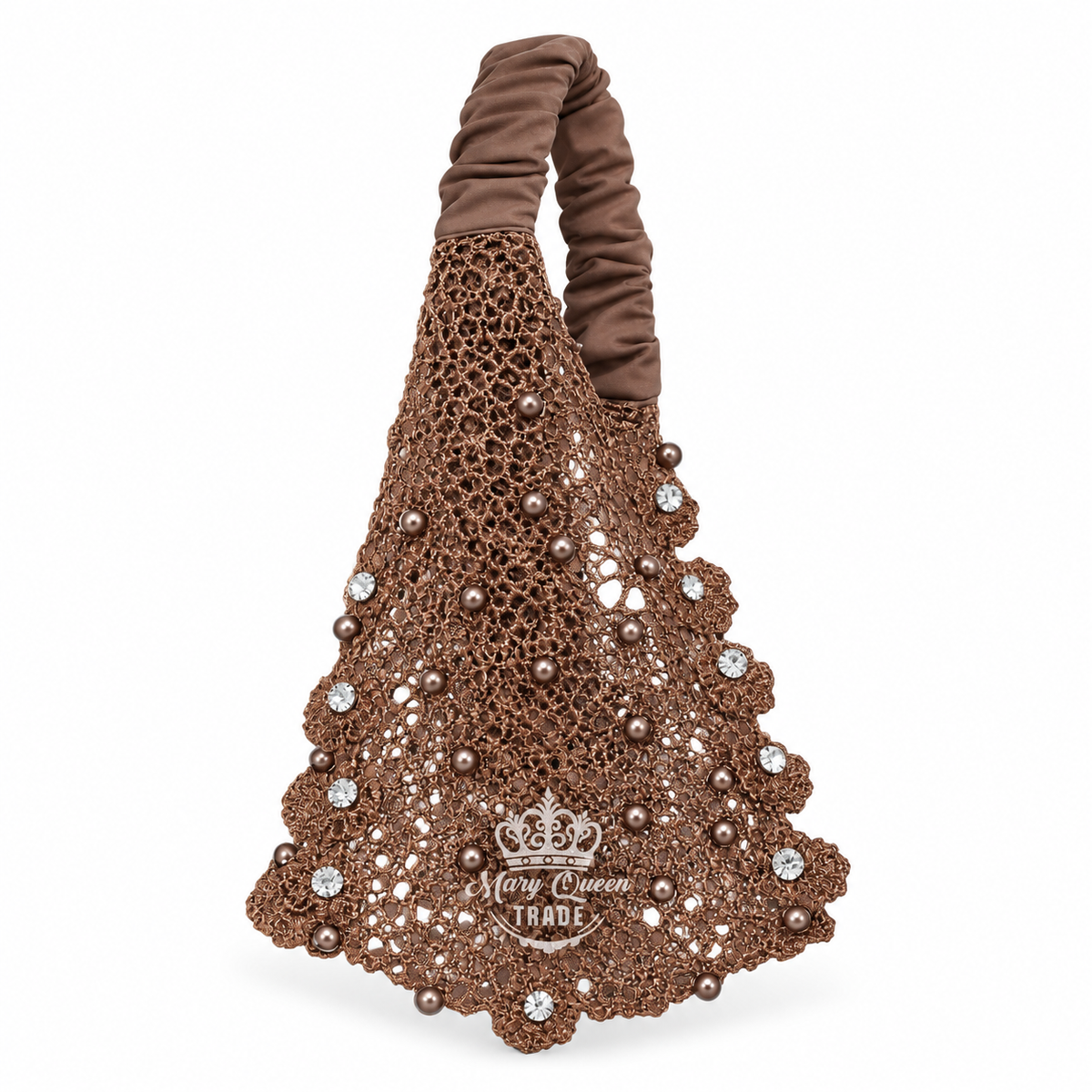 Brown lace headband with scalloped edges, beads and sparkling round embellishments, with Mary Queen Trade watermark.