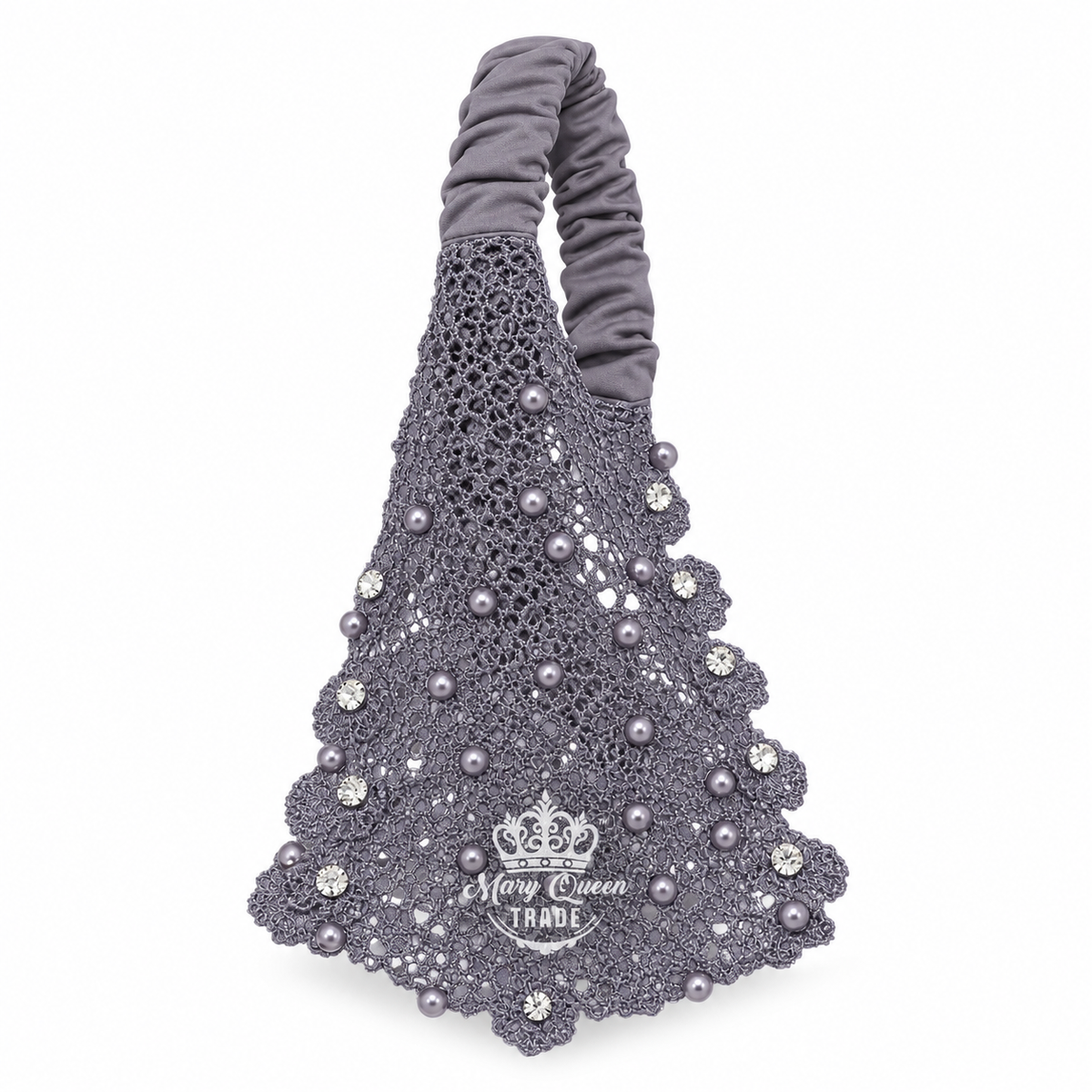 Gray lace headband with scalloped edges, beads and sparkling round embellishments, with Mary Queen Trade watermark.