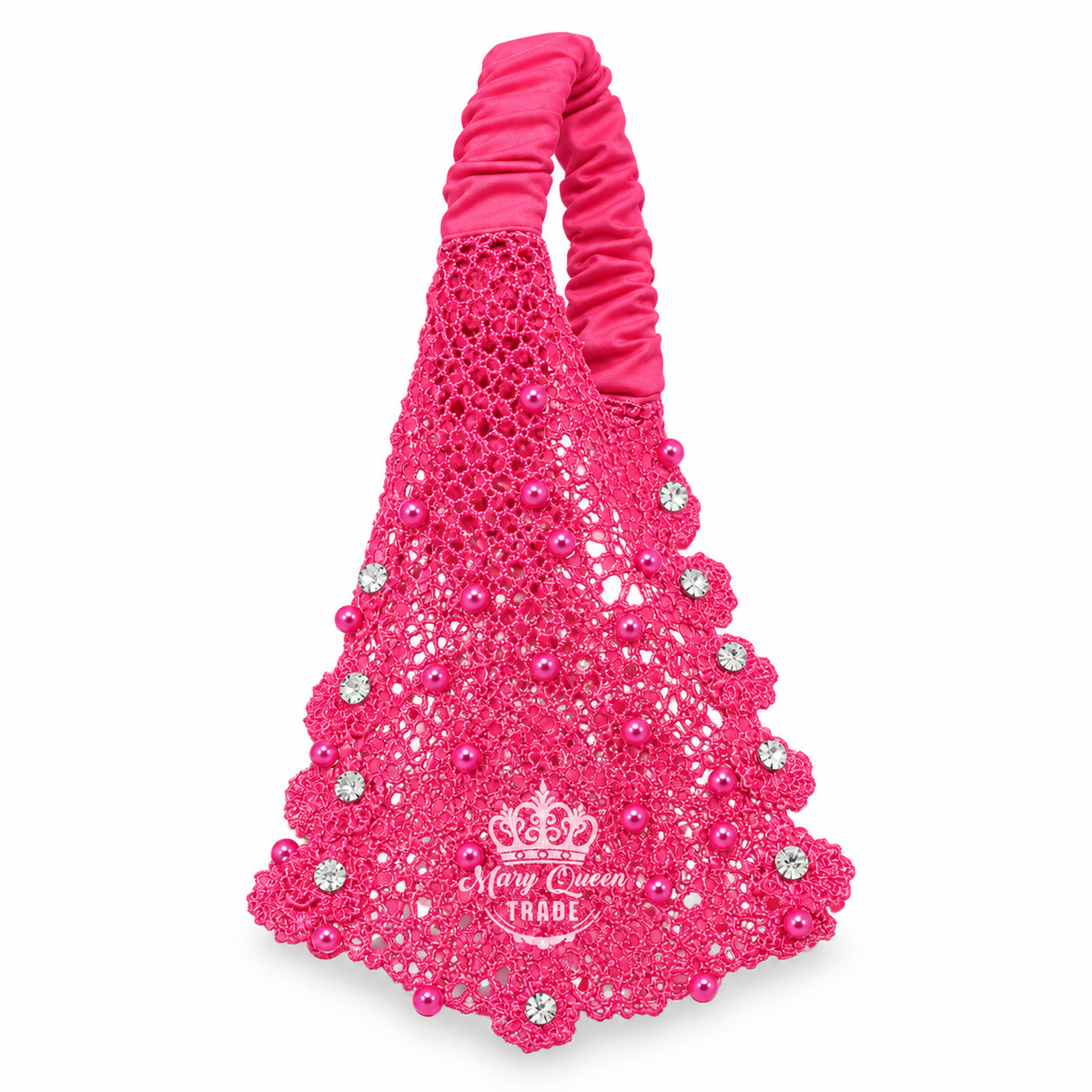 Pink lace headband with scalloped edges, beads and sparkling round embellishments, with Mary Queen Trade watermark.