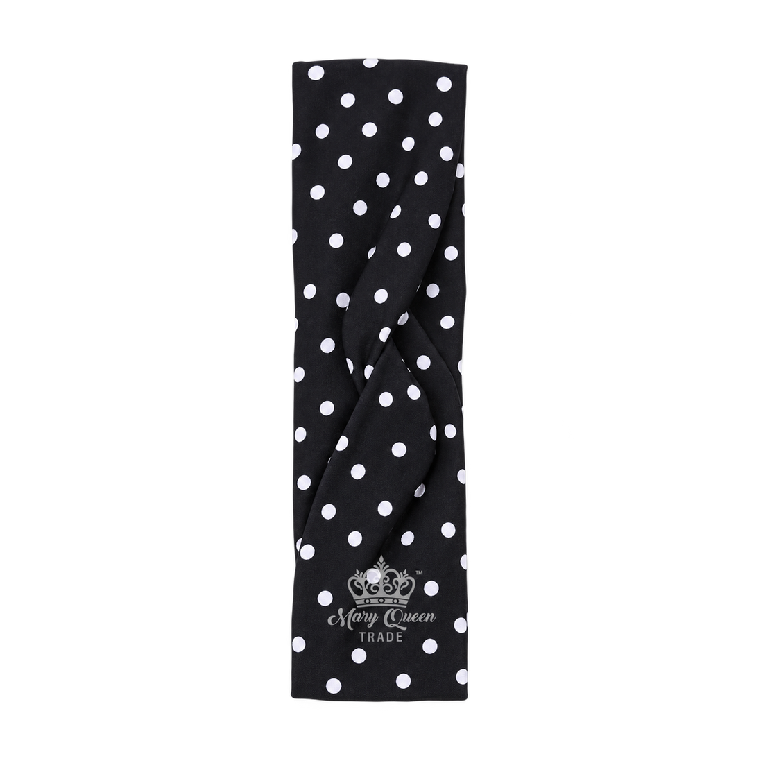 Black polka-dot headband with white dots and a twisted front, with Mary Queen Trade watermark.