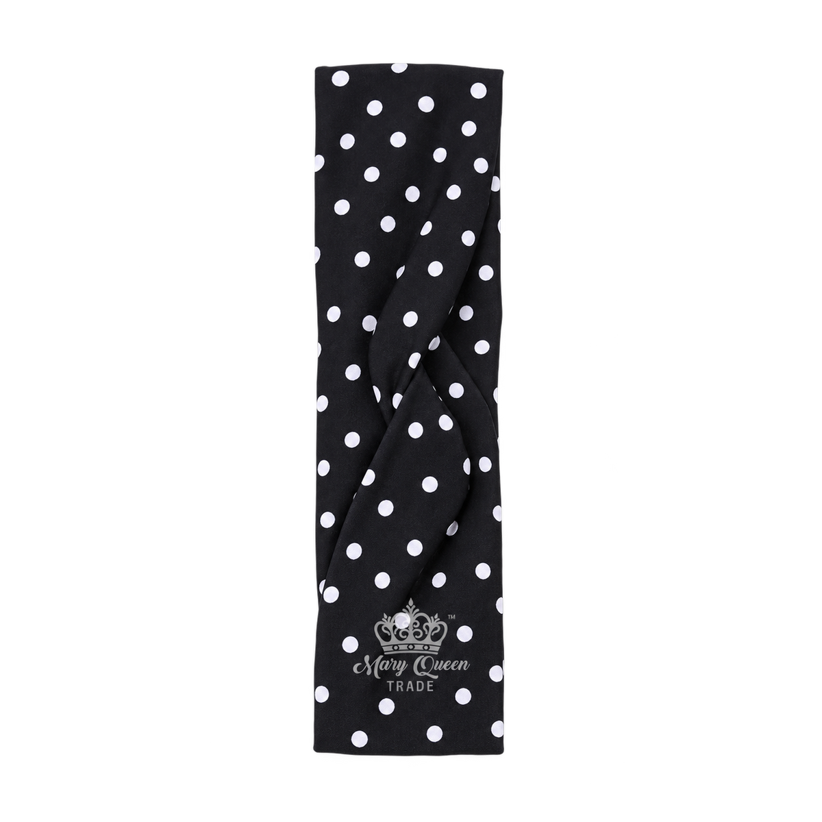Black polka-dot headband with white dots and a twisted front, with Mary Queen Trade watermark.