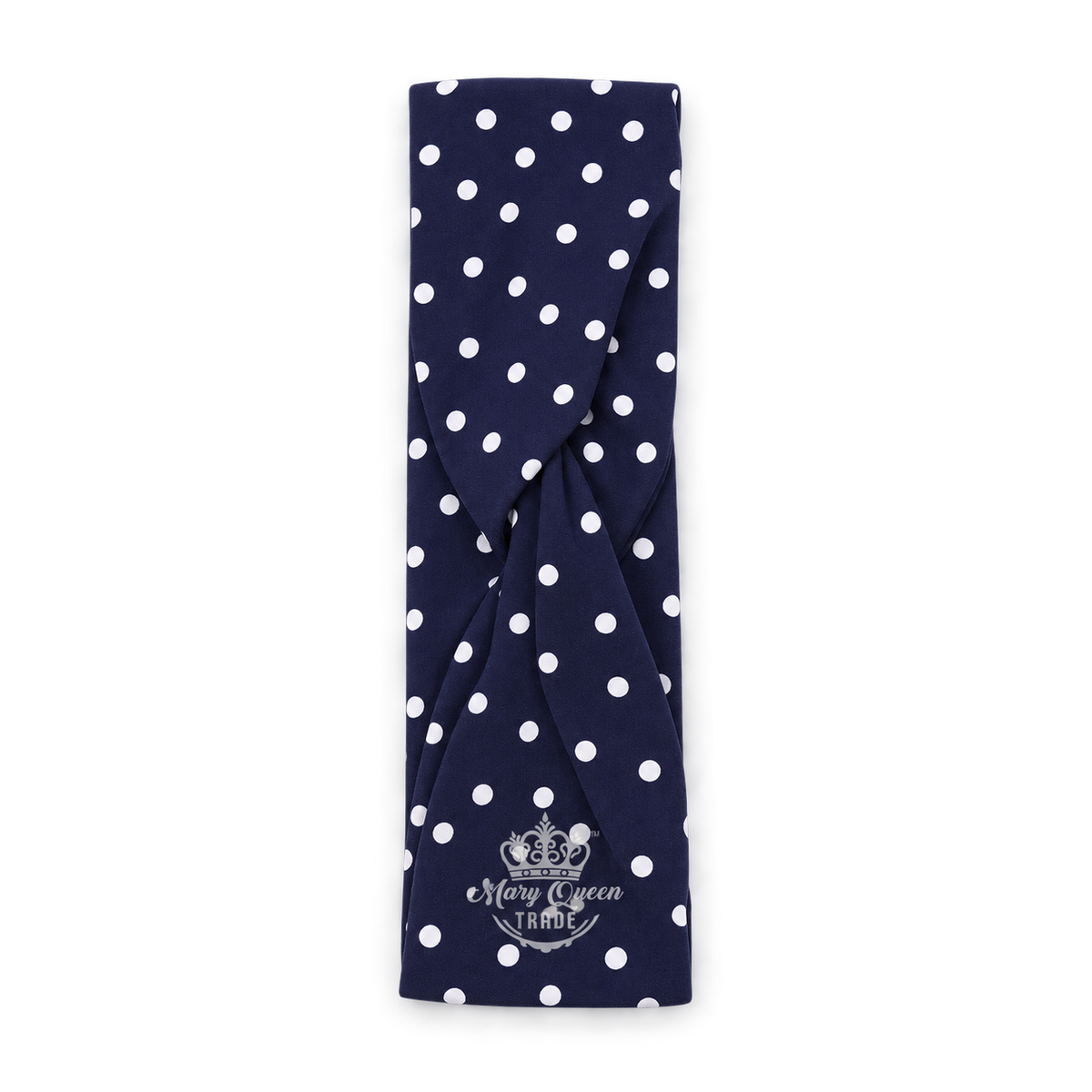 Navy polka-dot headband with white dots and a twisted front, with Mary Queen Trade watermark.