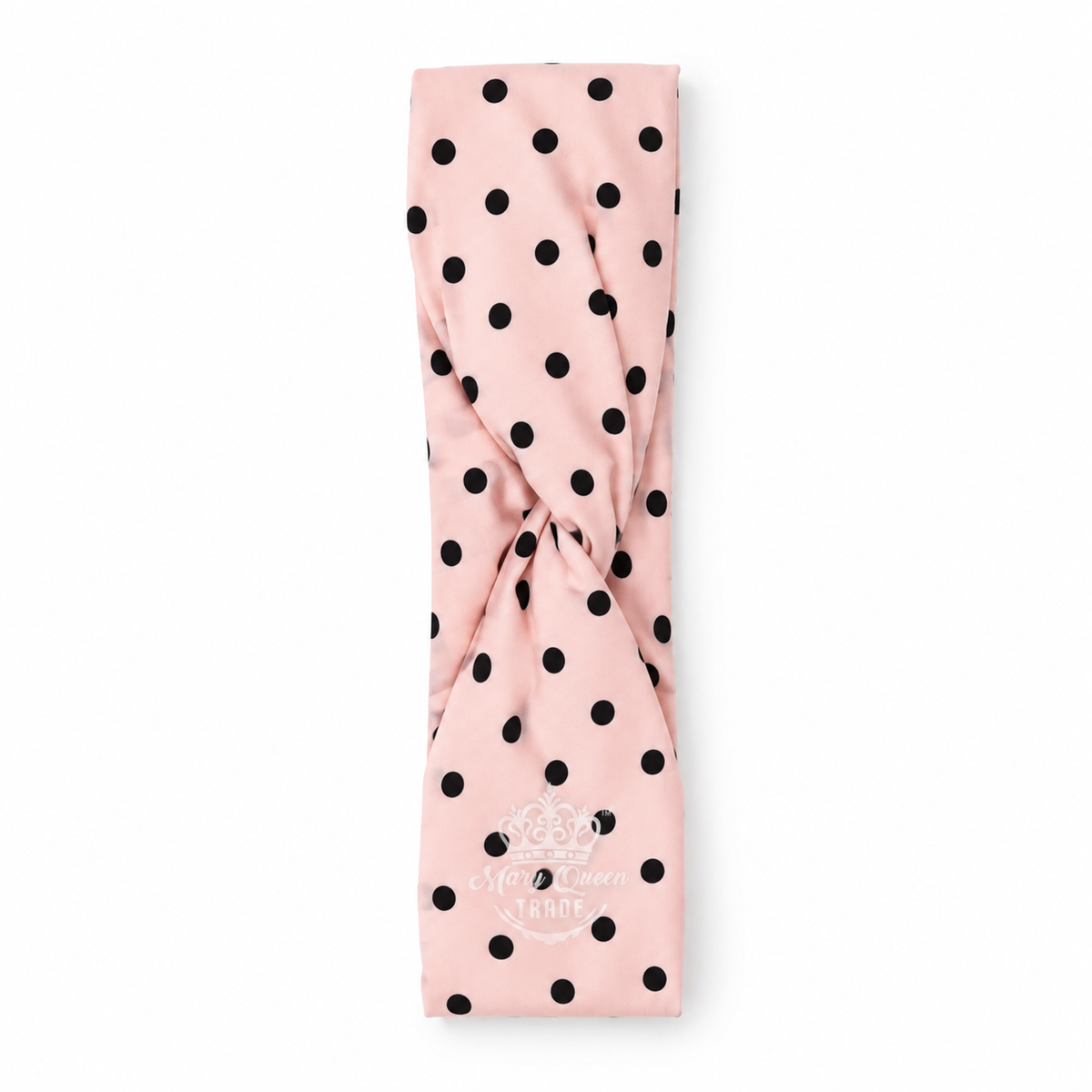 Pink polka-dot headband with black dots and a twisted front, with Mary Queen Trade watermark.