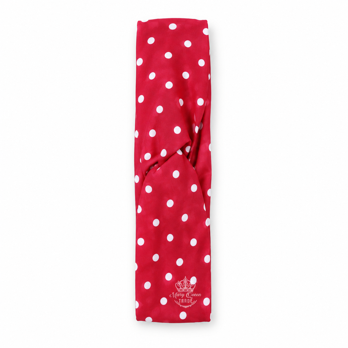 Red polka-dot headband with white dots and a twisted front, with Mary Queen Trade watermark.