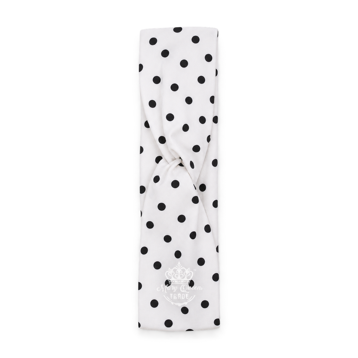 White polka-dot headband with black dots and a twisted front, with Mary Queen Trade watermark.