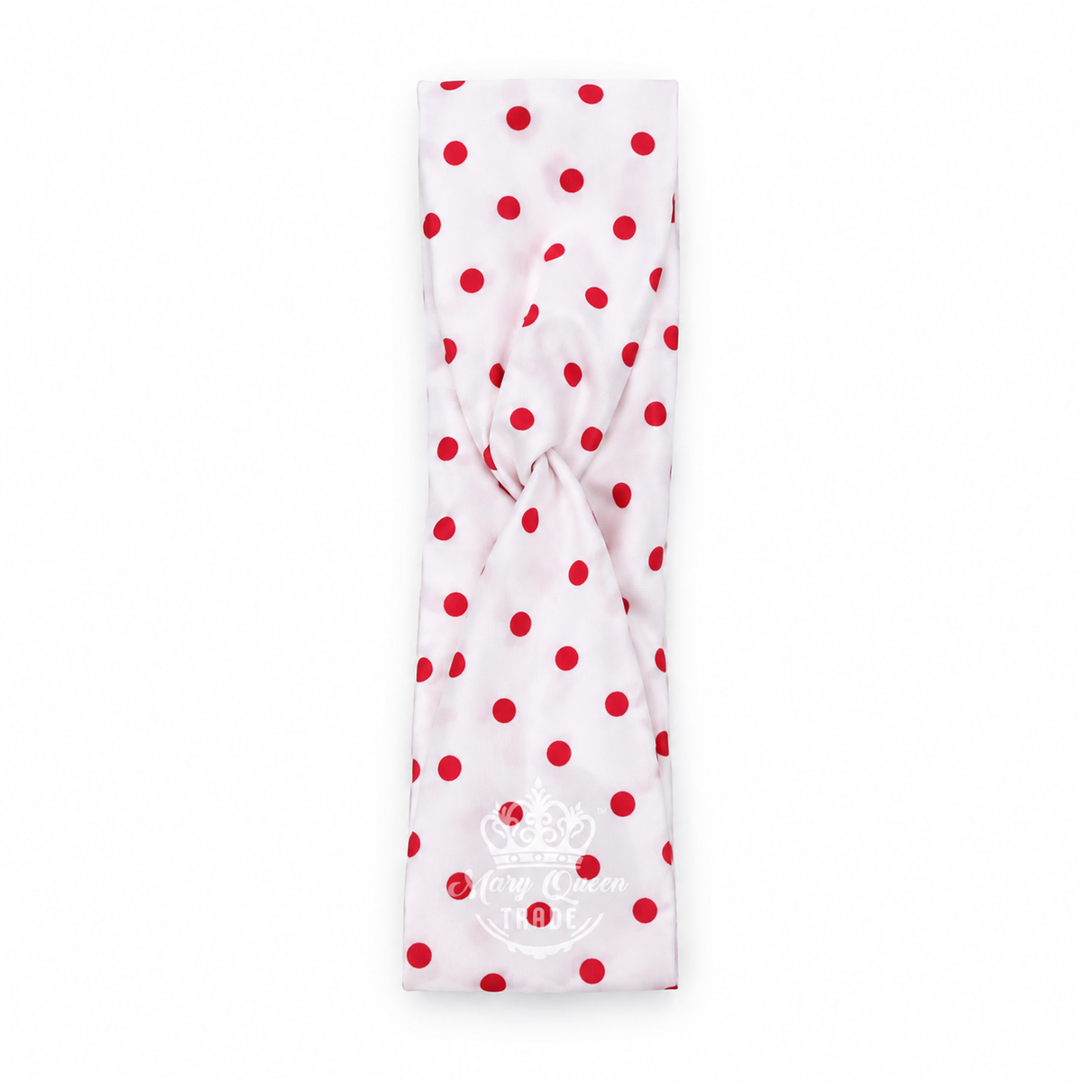 White polka-dot headband with red dots and a twisted front, with Mary Queen Trade watermark.