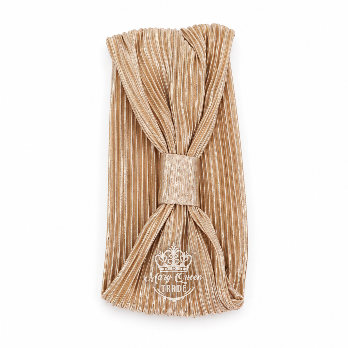 Beige pleated headband with fine shimmering lines and a gathered front, with Mary Queen Trade watermark.