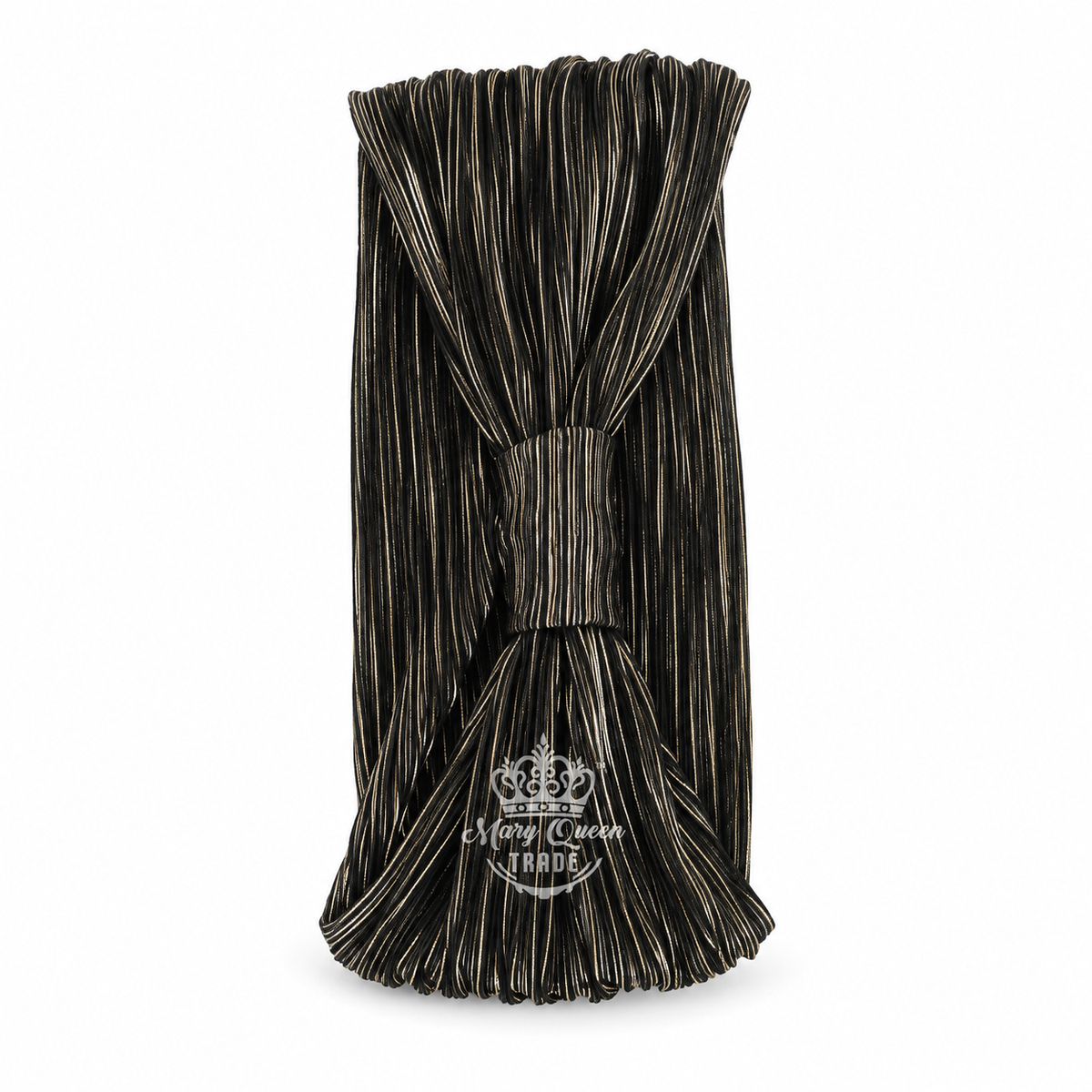 Black pleated headband with fine shimmering lines and a gathered front, with Mary Queen Trade watermark.