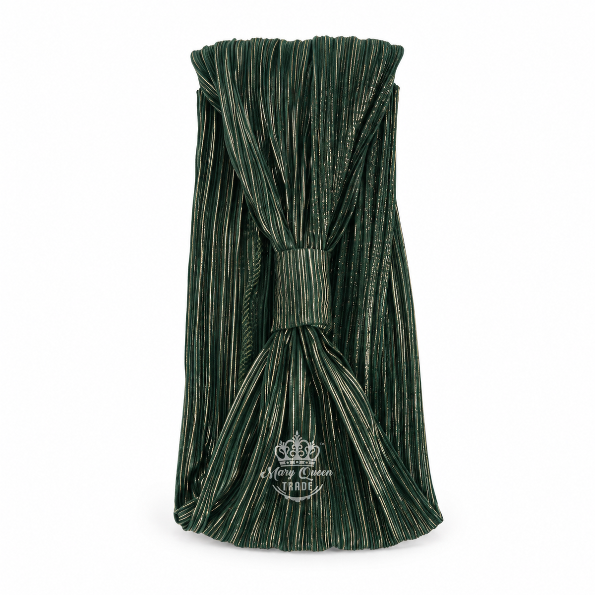 Green pleated headband with fine shimmering lines and a gathered front, with Mary Queen Trade watermark.