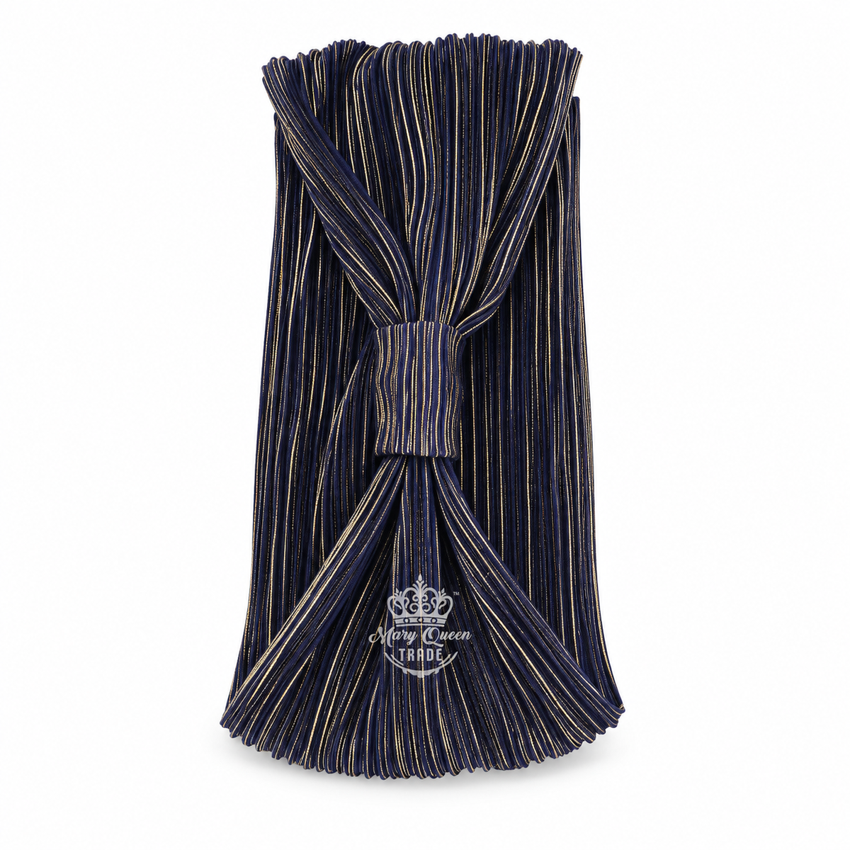 Navy pleated headband with fine shimmering lines and a gathered front, with Mary Queen Trade watermark.